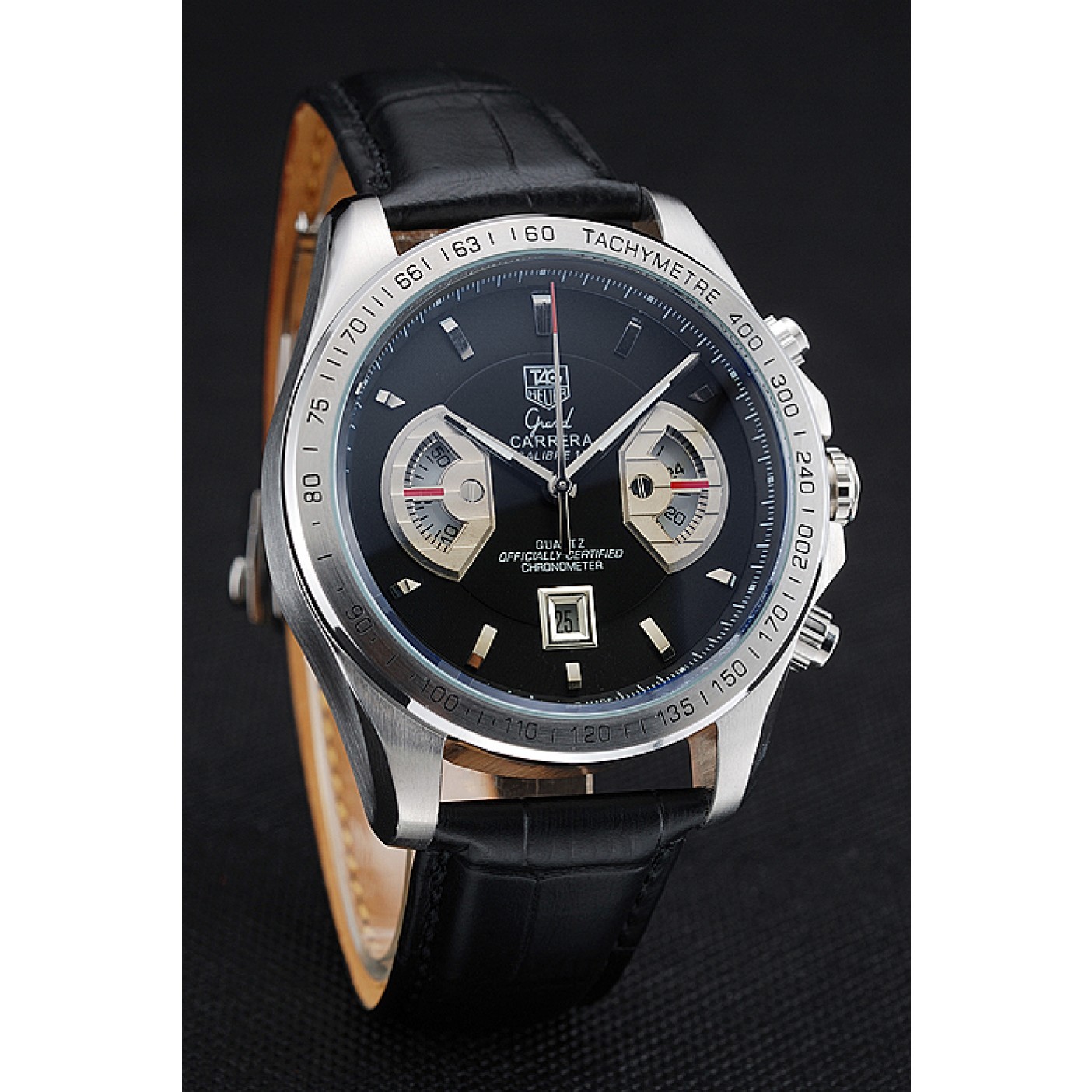 Tag Heuer Carrera Tachymeter Bezel Black Dial Black Leather Strap