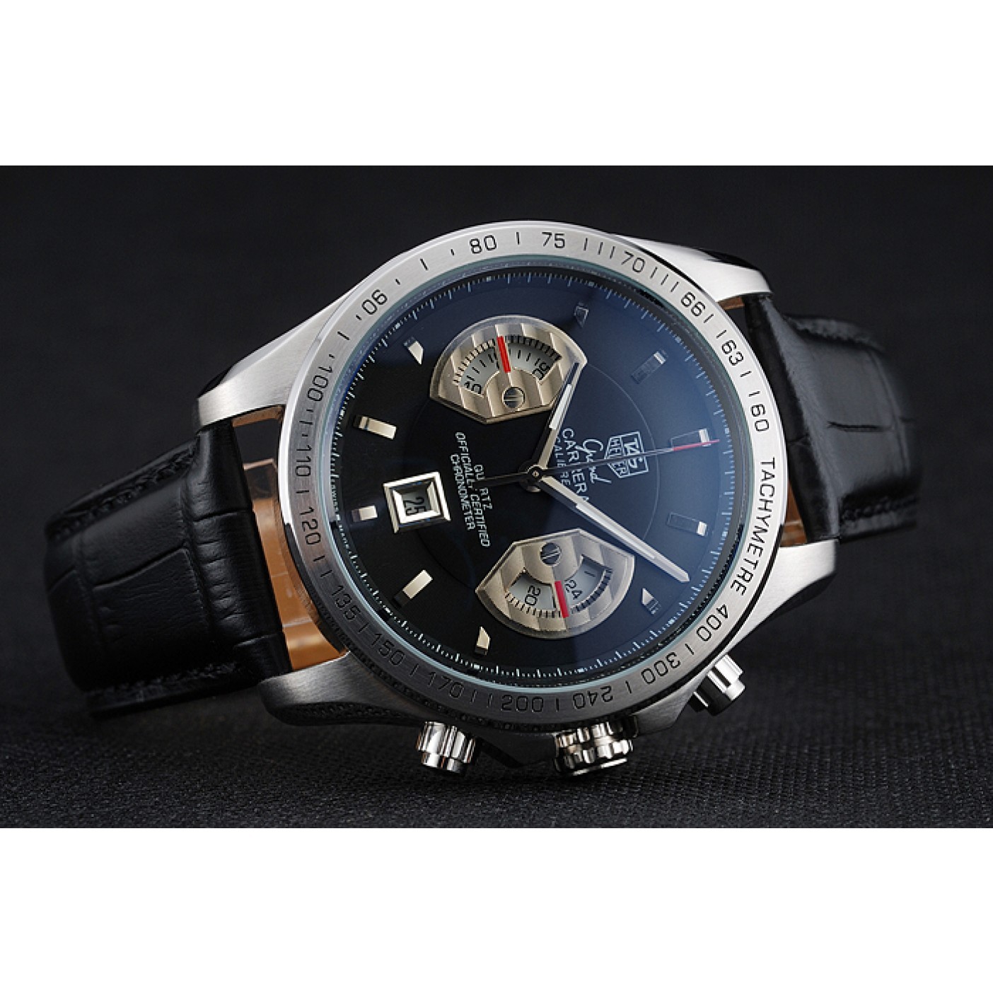 Tag Heuer Carrera Tachymeter Bezel Black Dial Black Leather Strap