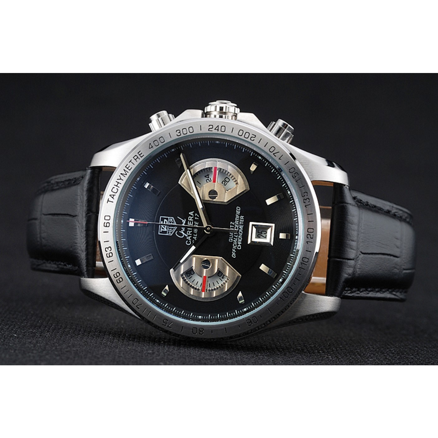 Tag Heuer Carrera Tachymeter Bezel Black Dial Black Leather Strap