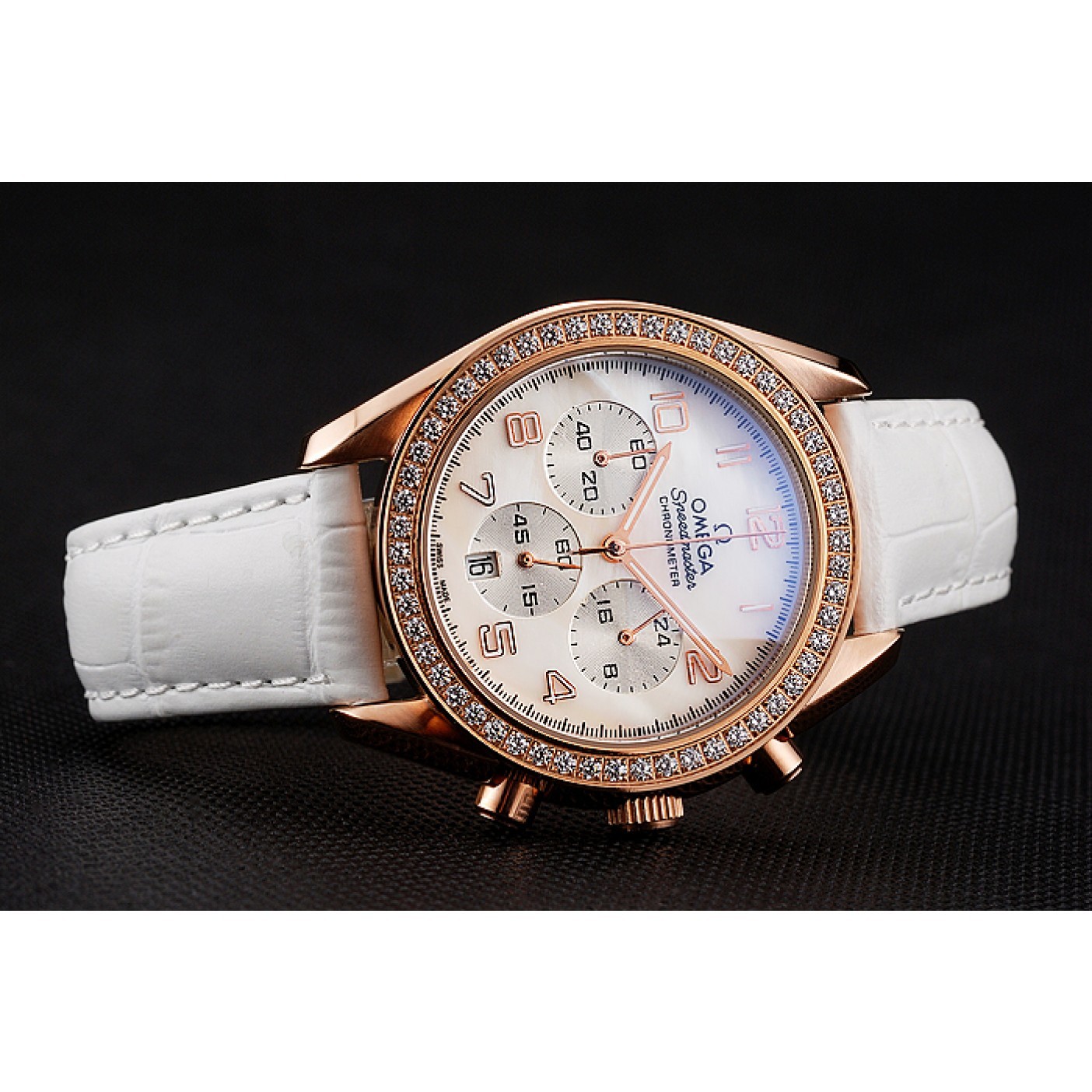 Omega Speedmaster White Dial Rose Gold Case Diamond Bezel White Leather Strap