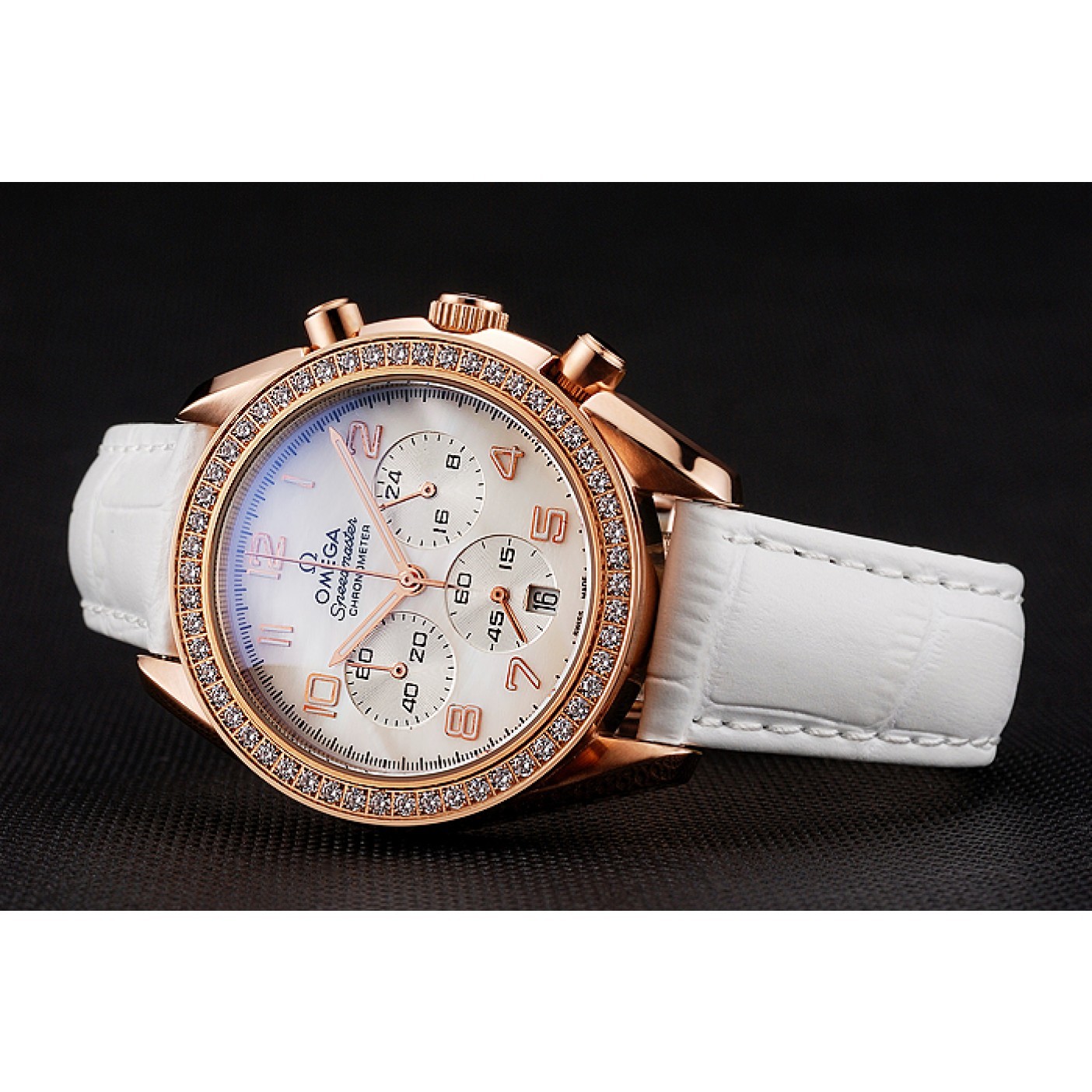 Omega Speedmaster White Dial Rose Gold Case Diamond Bezel White Leather Strap