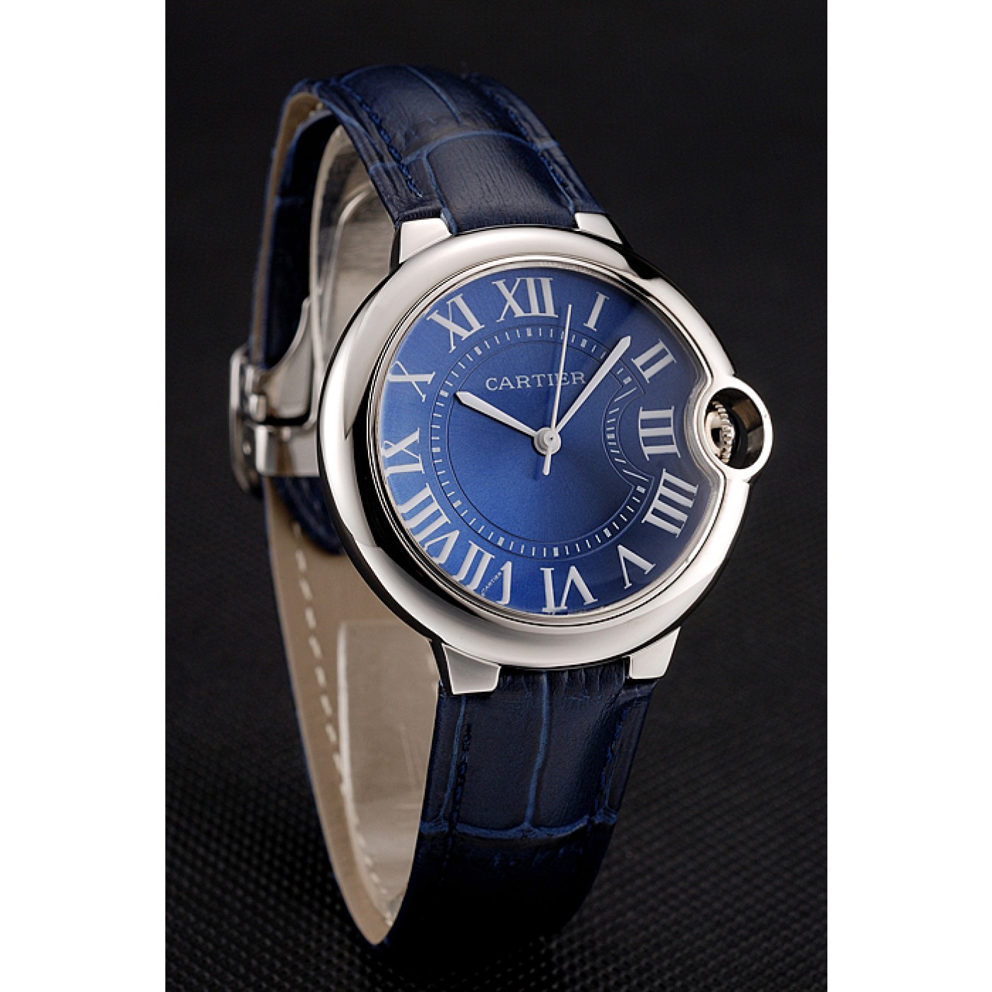 Cartier Ballon Bleu Silver Bezel with Dark Blue Dial and Dark Blue Leather Band 621555