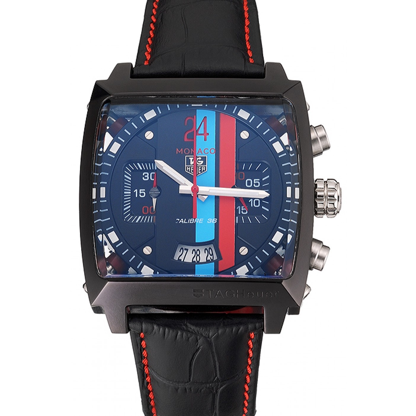 Tag Heuer Monaco Calibre 36 Blue And Red Dial Stripes Dial Black Leather Strap 622272