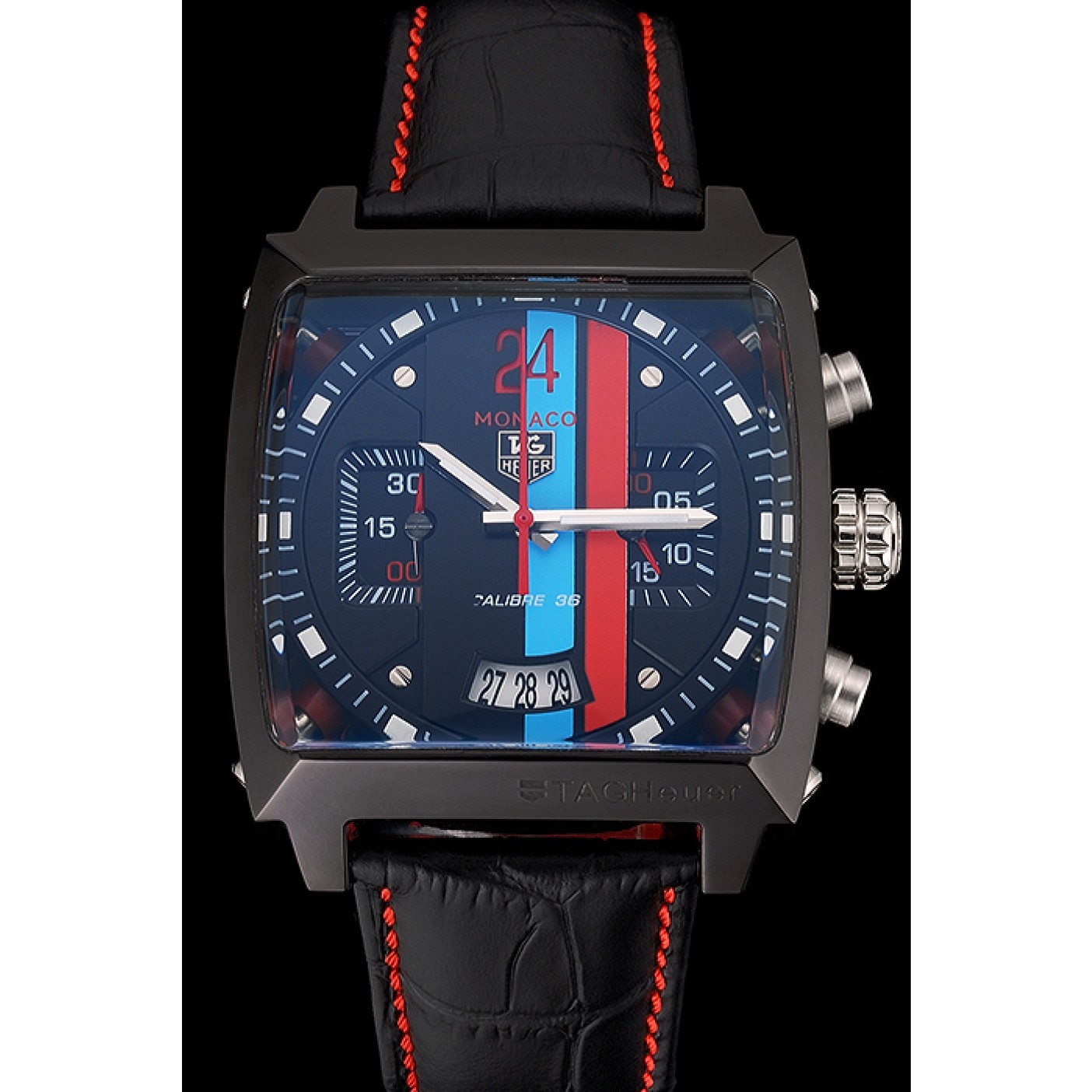 Tag Heuer Monaco Calibre 36 Blue And Red Dial Stripes Dial Black Leather Strap 622272