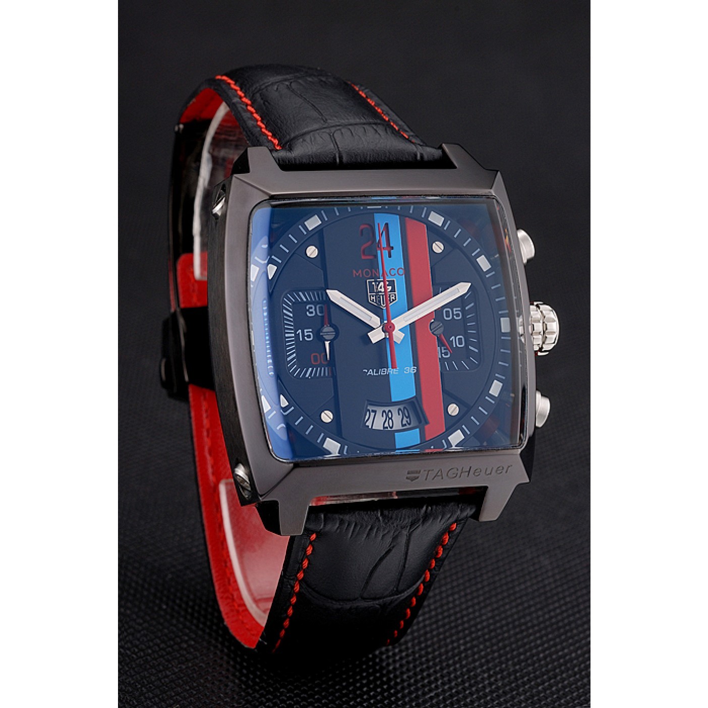 Tag Heuer Monaco Calibre 36 Blue And Red Dial Stripes Dial Black Leather Strap 622272