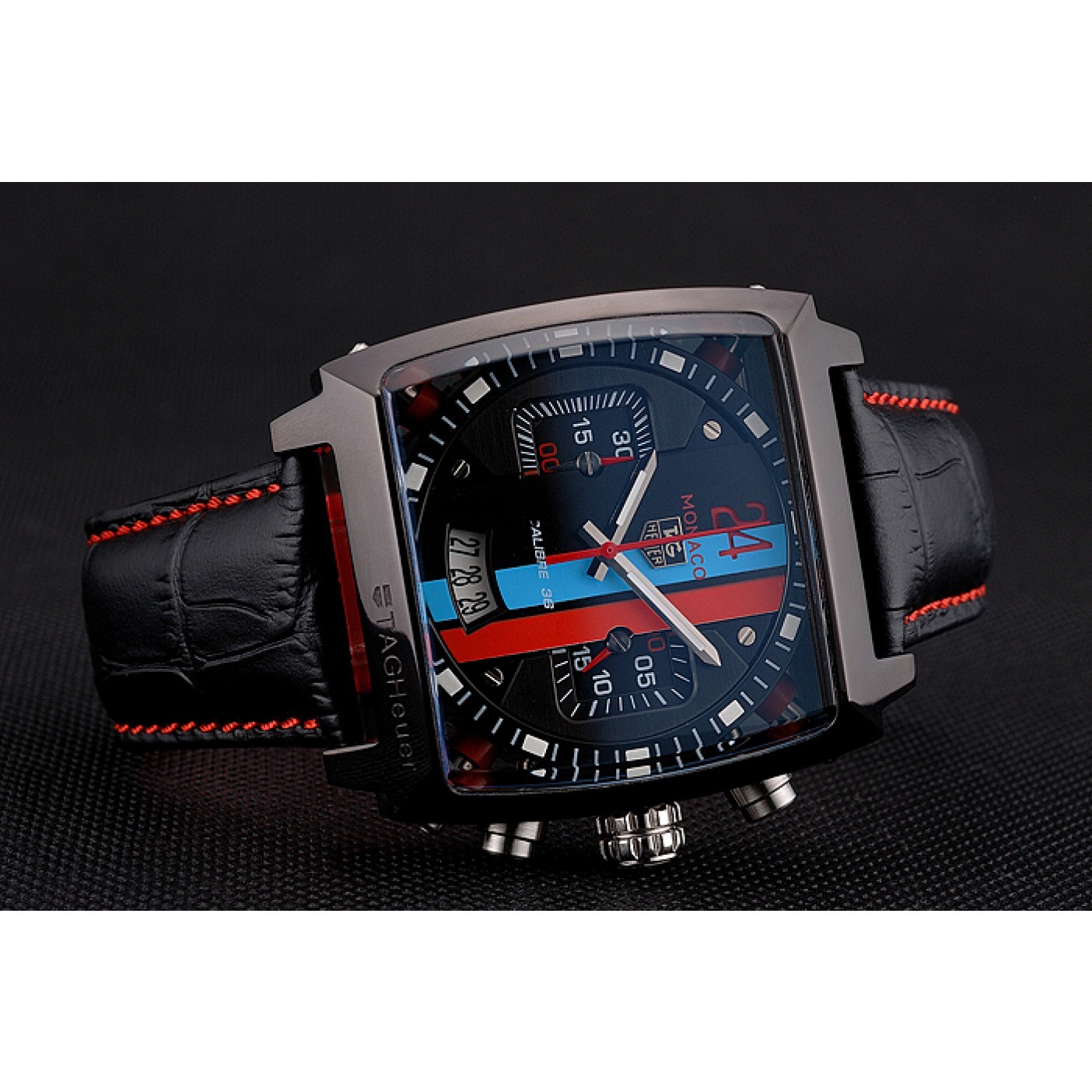 Tag Heuer Monaco Calibre 36 Blue And Red Dial Stripes Dial Black Leather Strap 622272