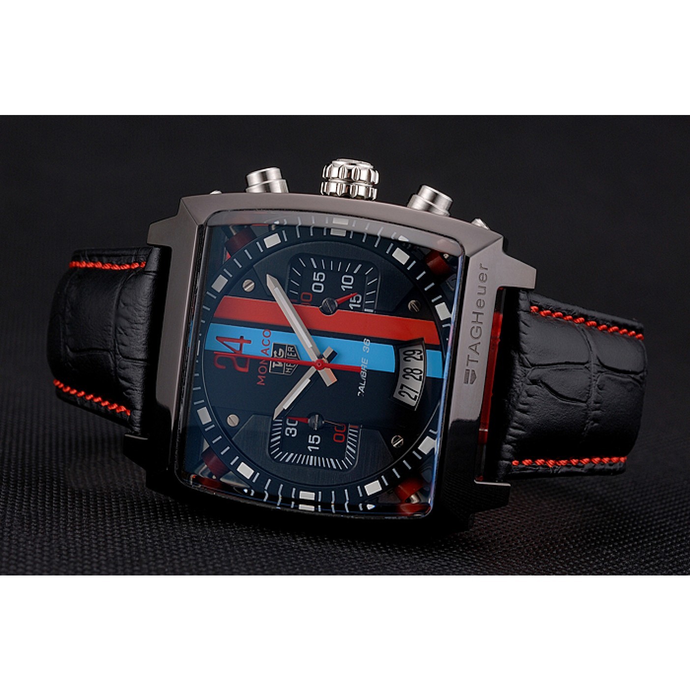 Tag Heuer Monaco Calibre 36 Blue And Red Dial Stripes Dial Black Leather Strap 622272