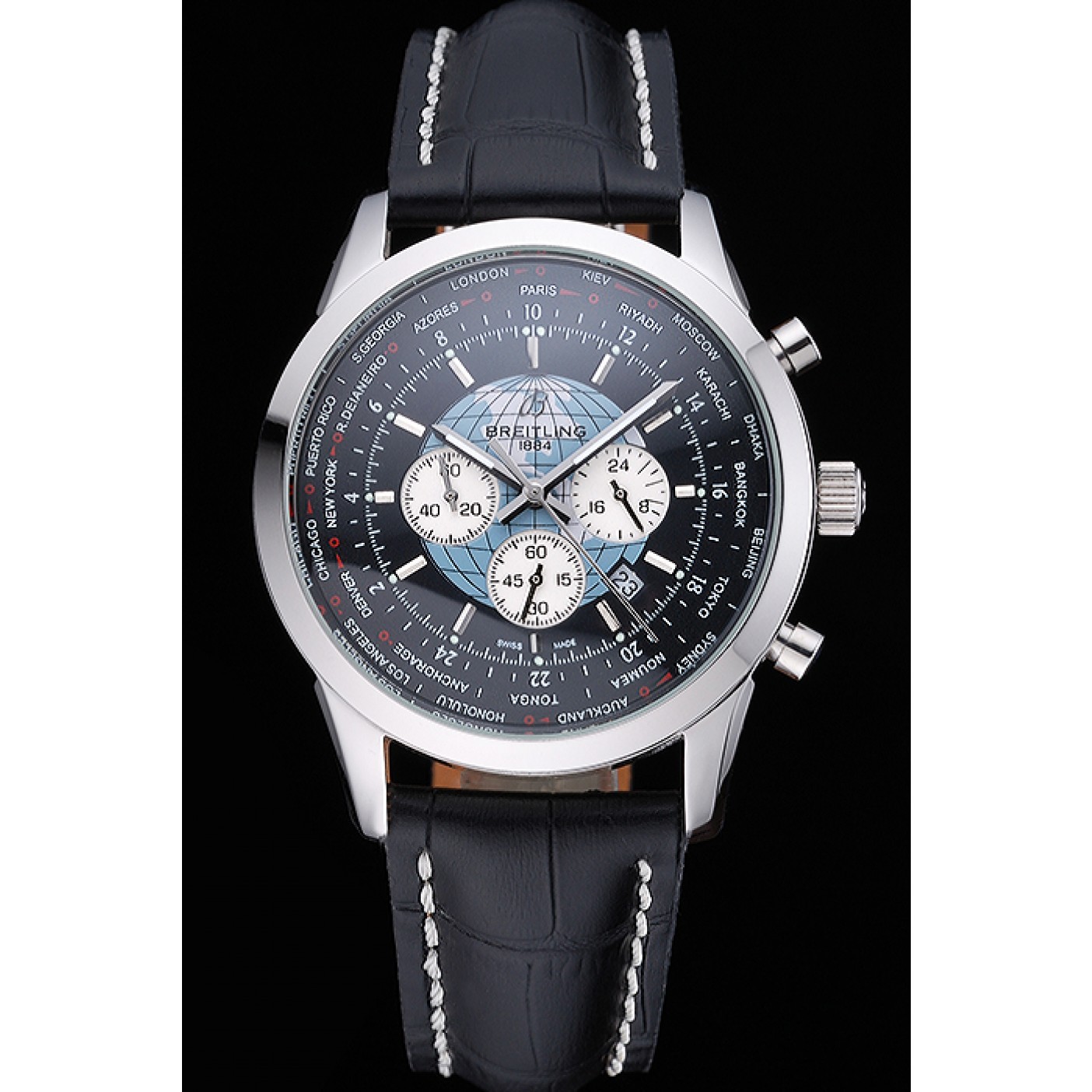 Breitling Transocean Chronograph Unitime Black Dial Stainless Steel Case Black Leather Bracelet 622242