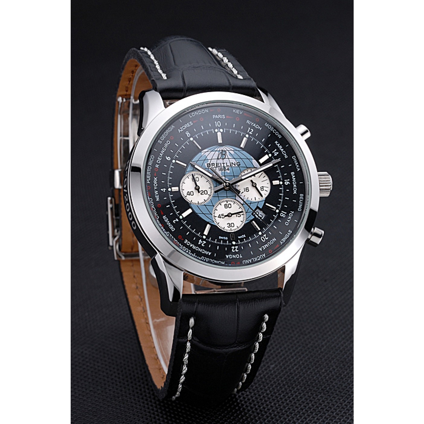 Breitling Transocean Chronograph Unitime Black Dial Stainless Steel Case Black Leather Bracelet 622242