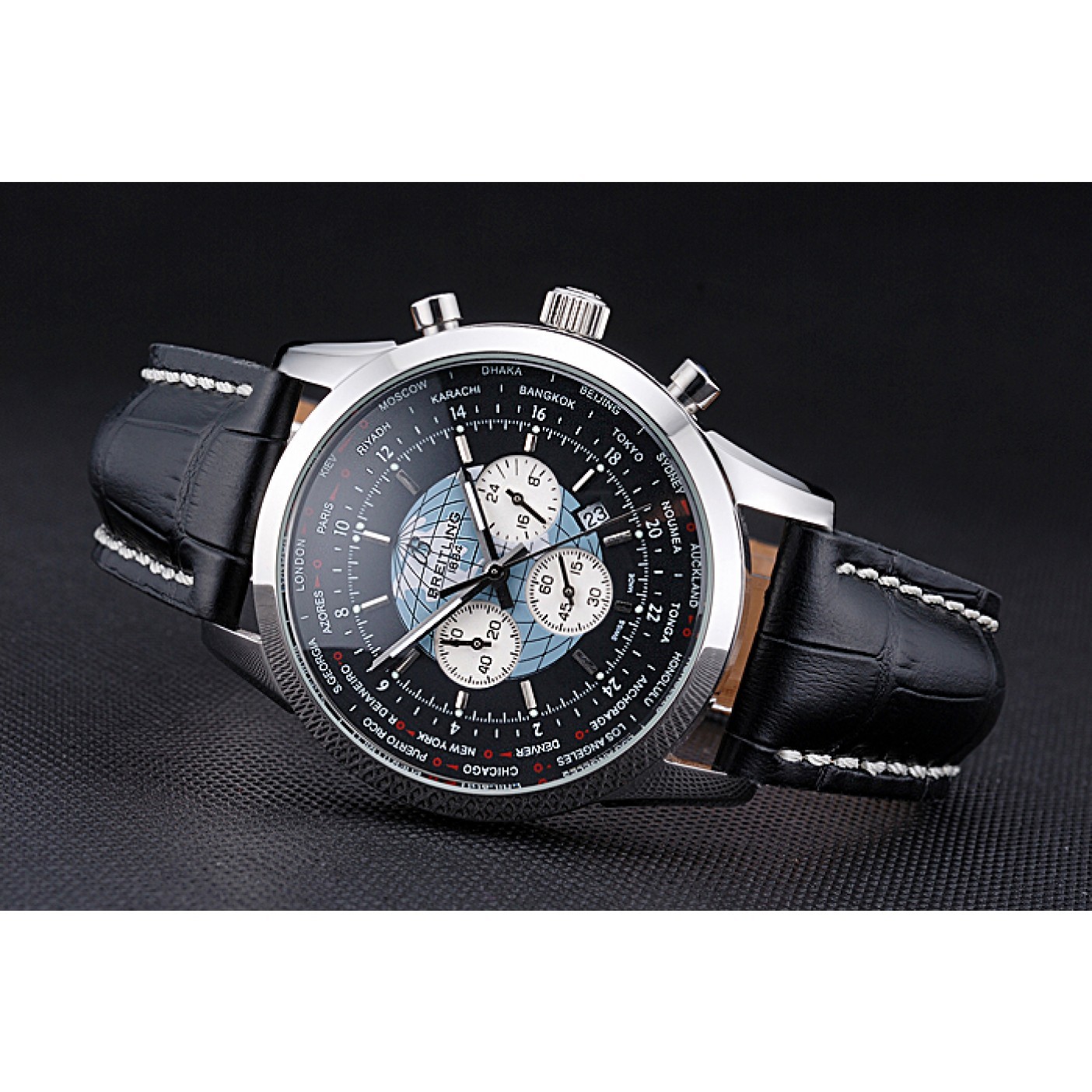 Breitling Transocean Chronograph Unitime Black Dial Stainless Steel Case Black Leather Bracelet 622242