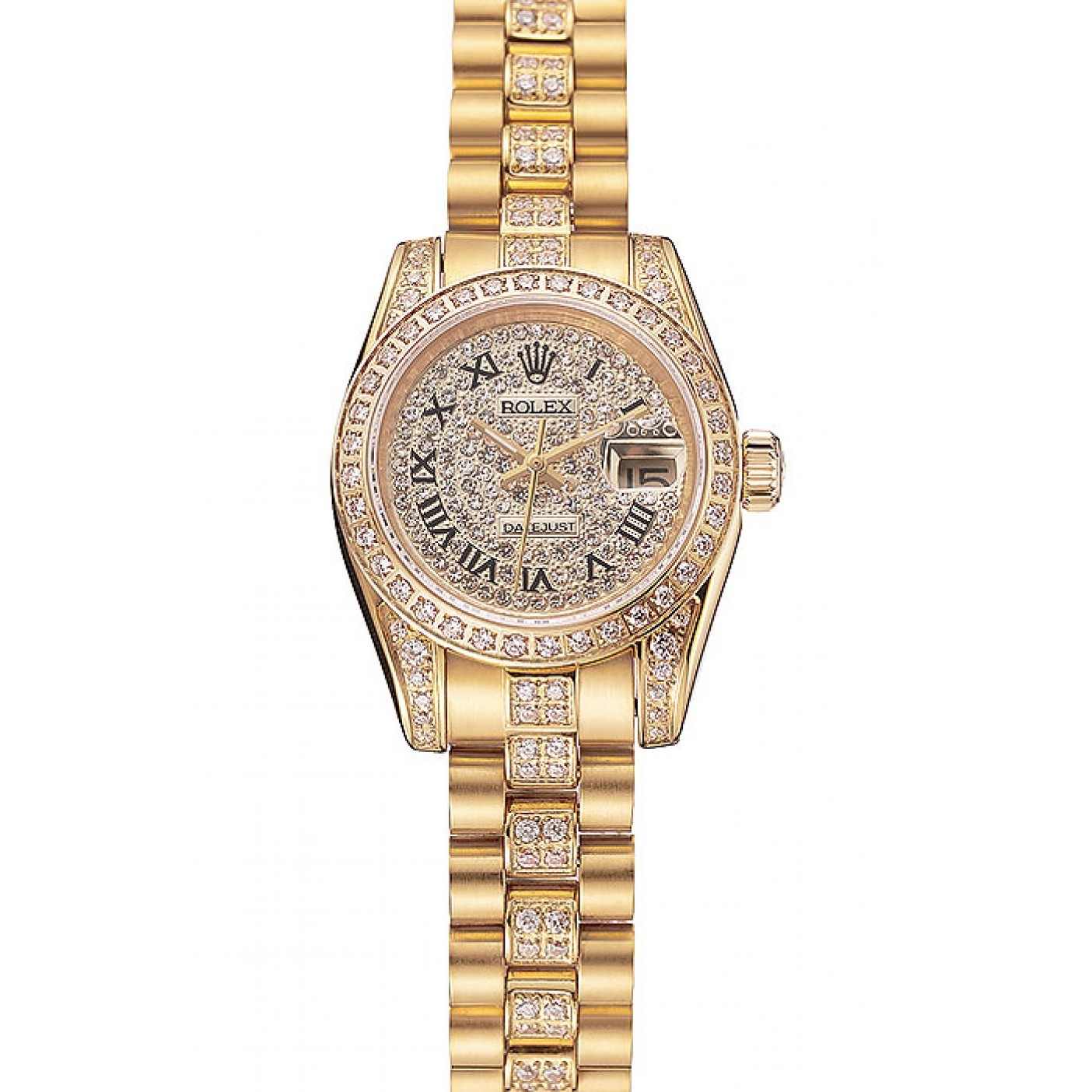 RepTime Watches Swiss Rolex DayJust Diamond Pave Dial Gold Diamond Bracelet 1453955