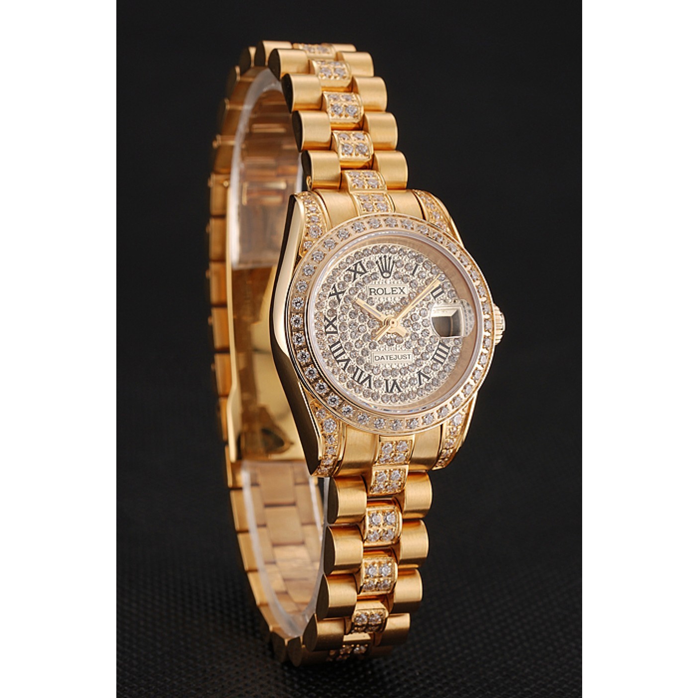 RepTime Watches Swiss Rolex DayJust Diamond Pave Dial Gold Diamond Bracelet 1453955