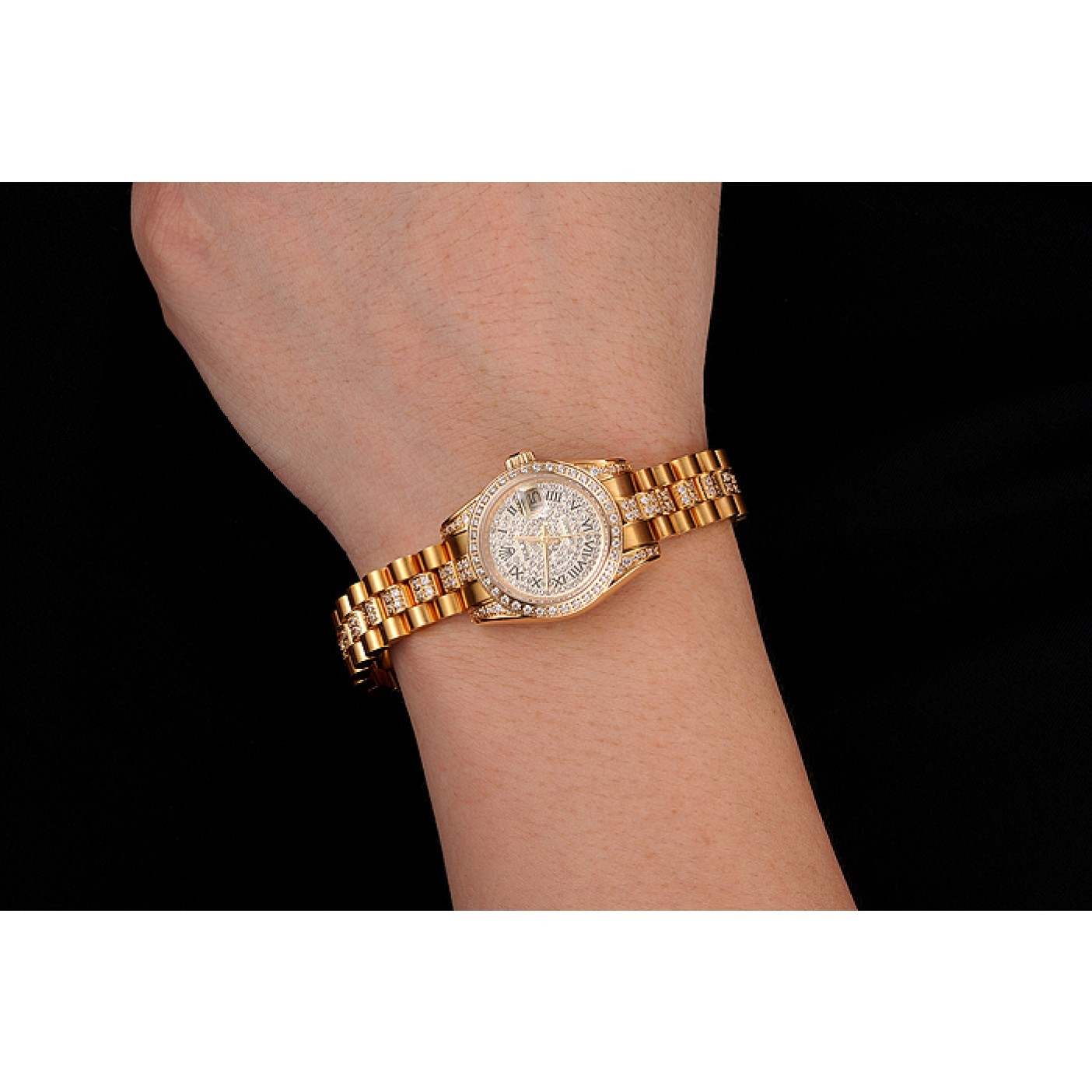 Swiss Rolex DayJust Diamond Pave Dial Gold Diamond Bracelet 1453955