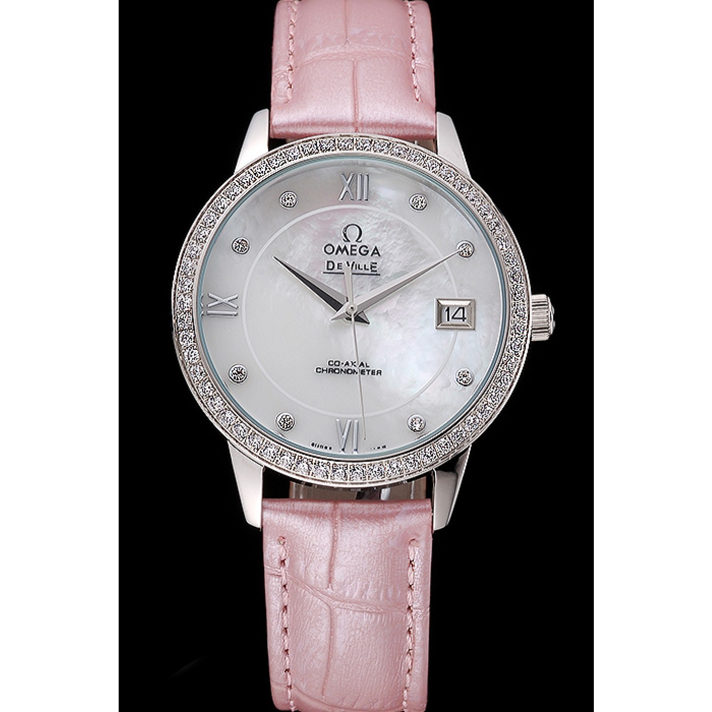 Omega DeVille Prestige Co-Axial Diamond Silver Case Mother-Of-Pearl Dial Pink Leather Strap