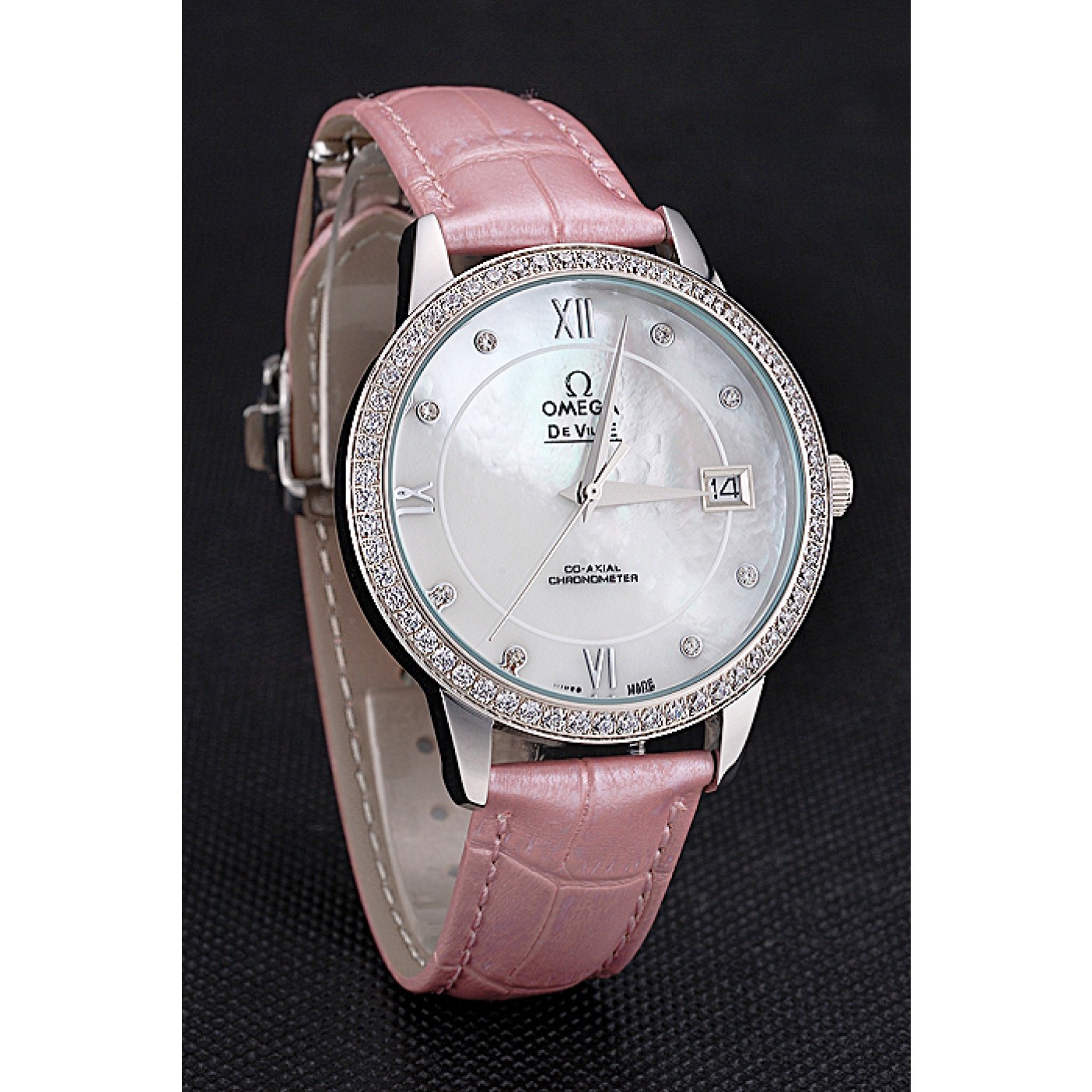 Omega DeVille Prestige Co-Axial Diamond Silver Case Mother-Of-Pearl Dial Pink Leather Strap