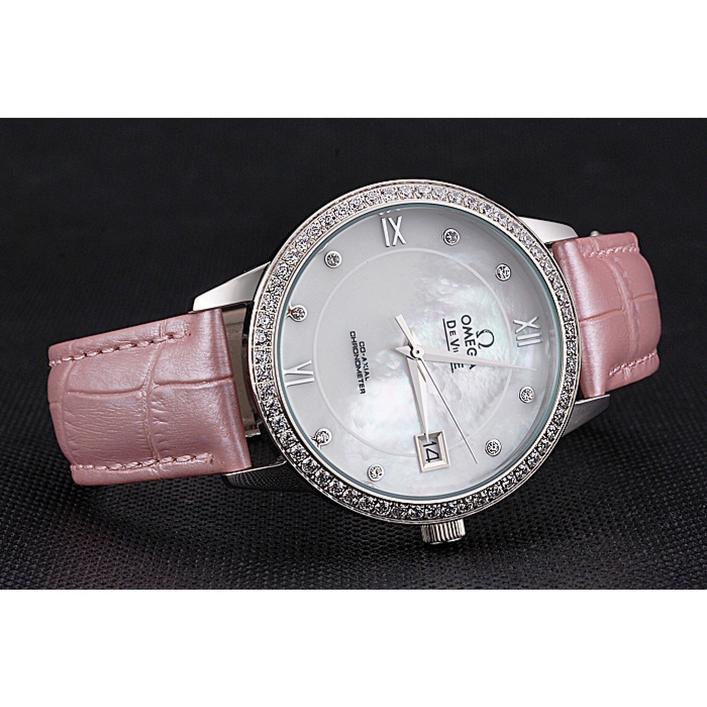 Omega DeVille Prestige Co-Axial Diamond Silver Case Mother-Of-Pearl Dial Pink Leather Strap