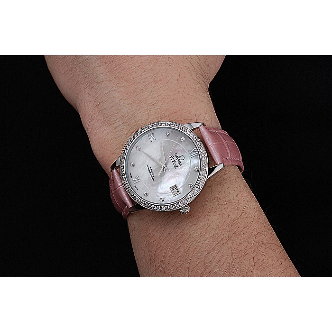 Omega DeVille Prestige Co-Axial Diamond Silver Case Mother-Of-Pearl Dial Pink Leather Strap