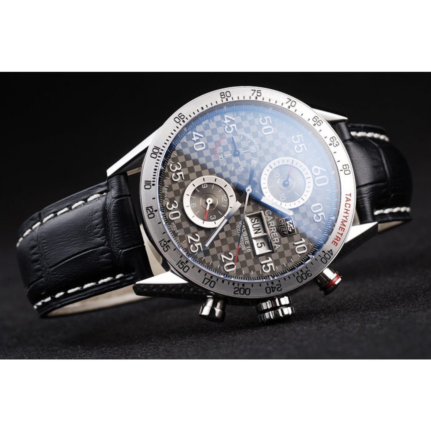 Tag Heuer Swiss Carrera Tachymeter Bezel Black Leather Strap Checkered Brown Dial