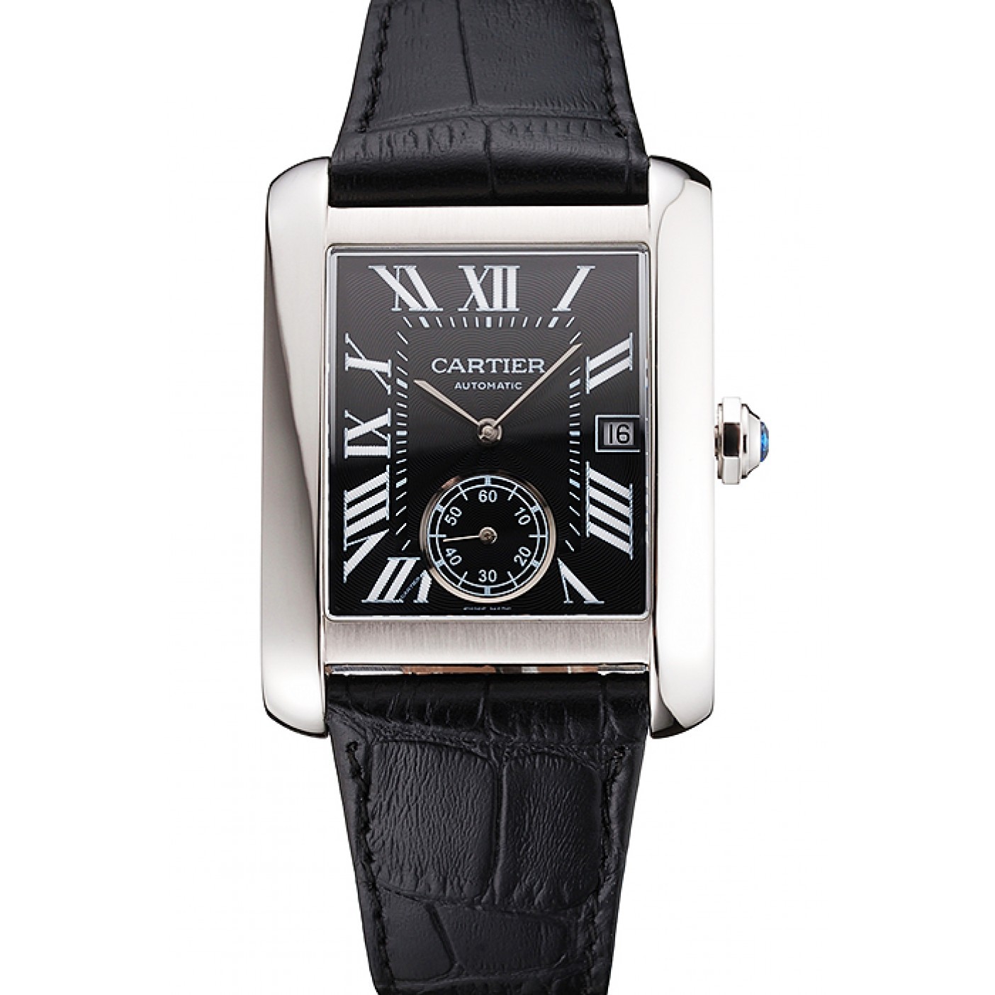 Swiss Cartier Tank MC Black Dial Stainless Steel Case Black Leather Strap