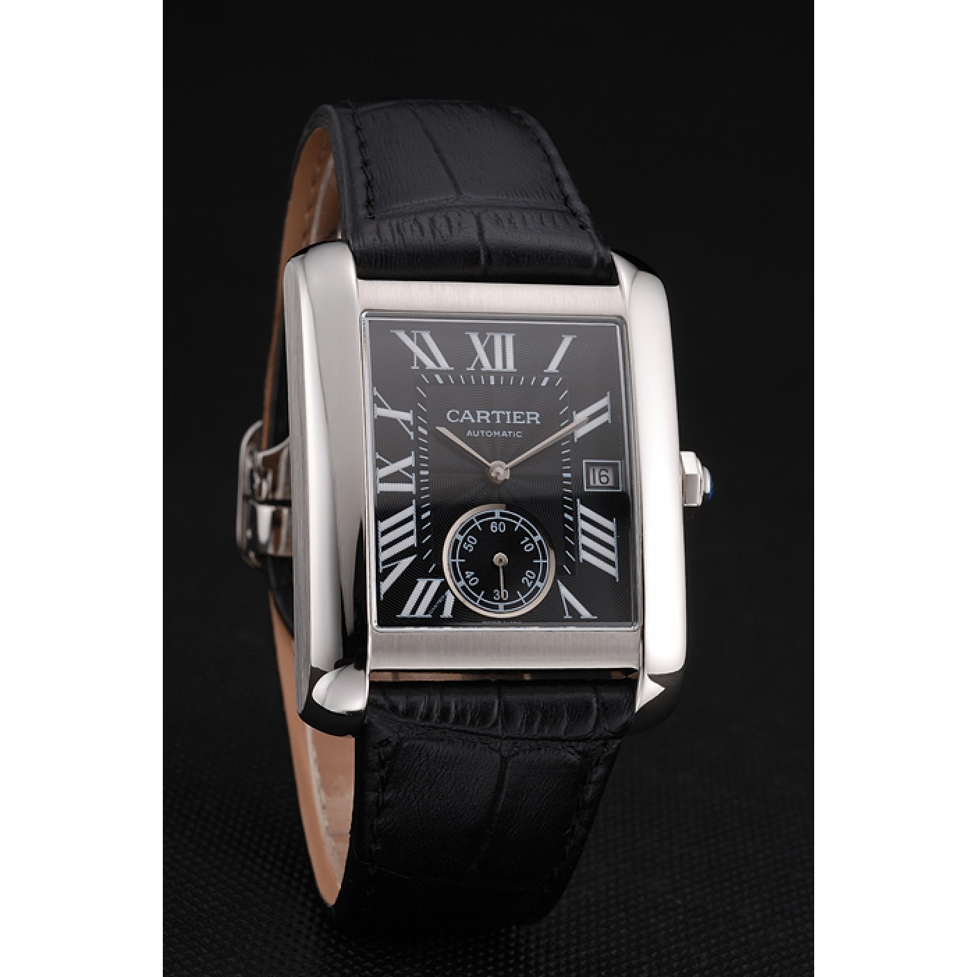 Swiss Cartier Tank MC Black Dial Stainless Steel Case Black Leather Strap