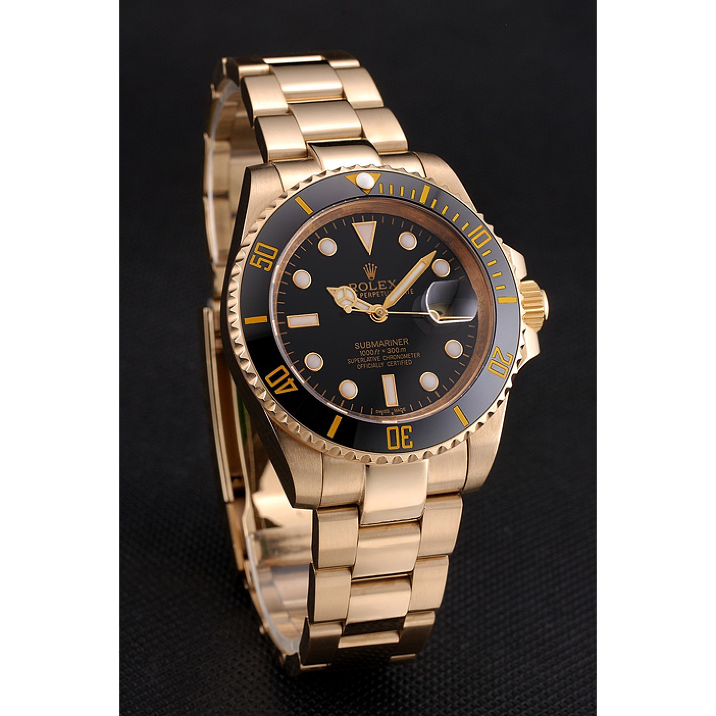 RepTime Watches Swiss Rolex Submariner Black Dial Black Bezel Yellow Gold Case And Bracelet