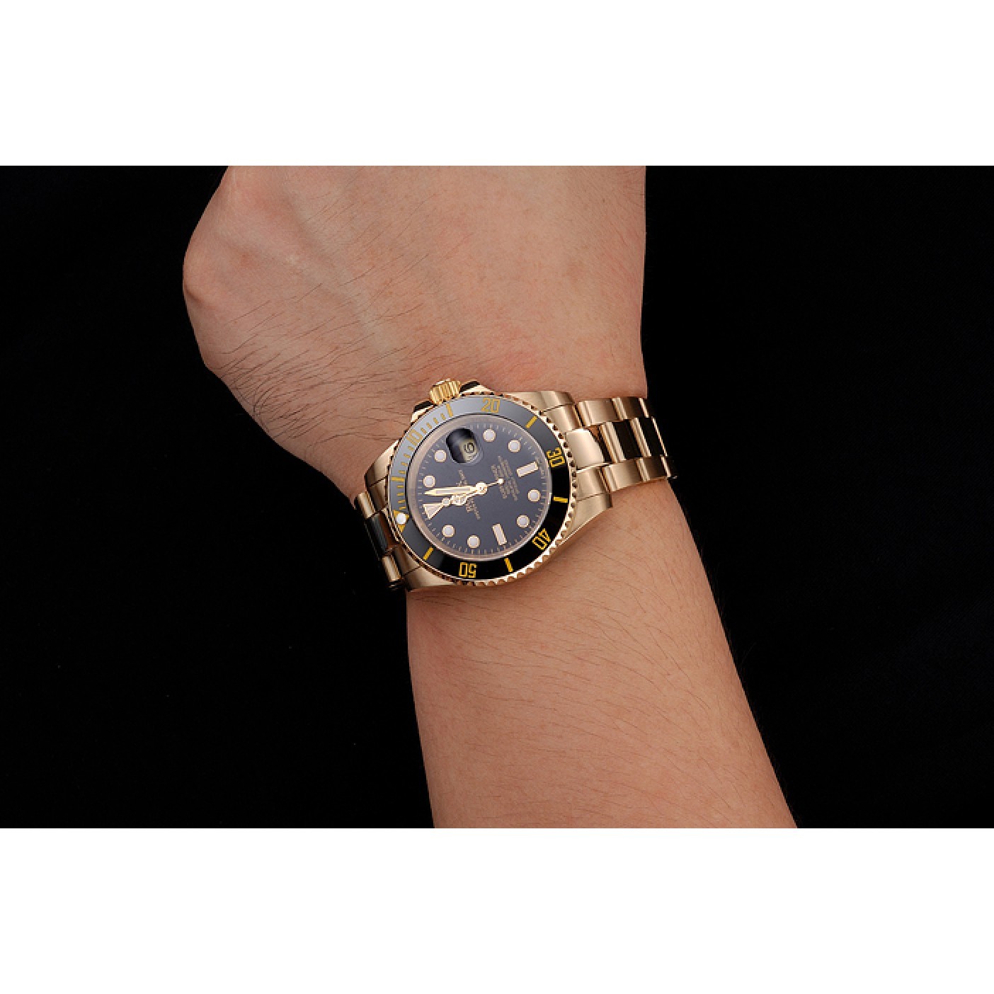 Swiss Rolex Submariner Black Dial Black Bezel Yellow Gold Case And Bracelet