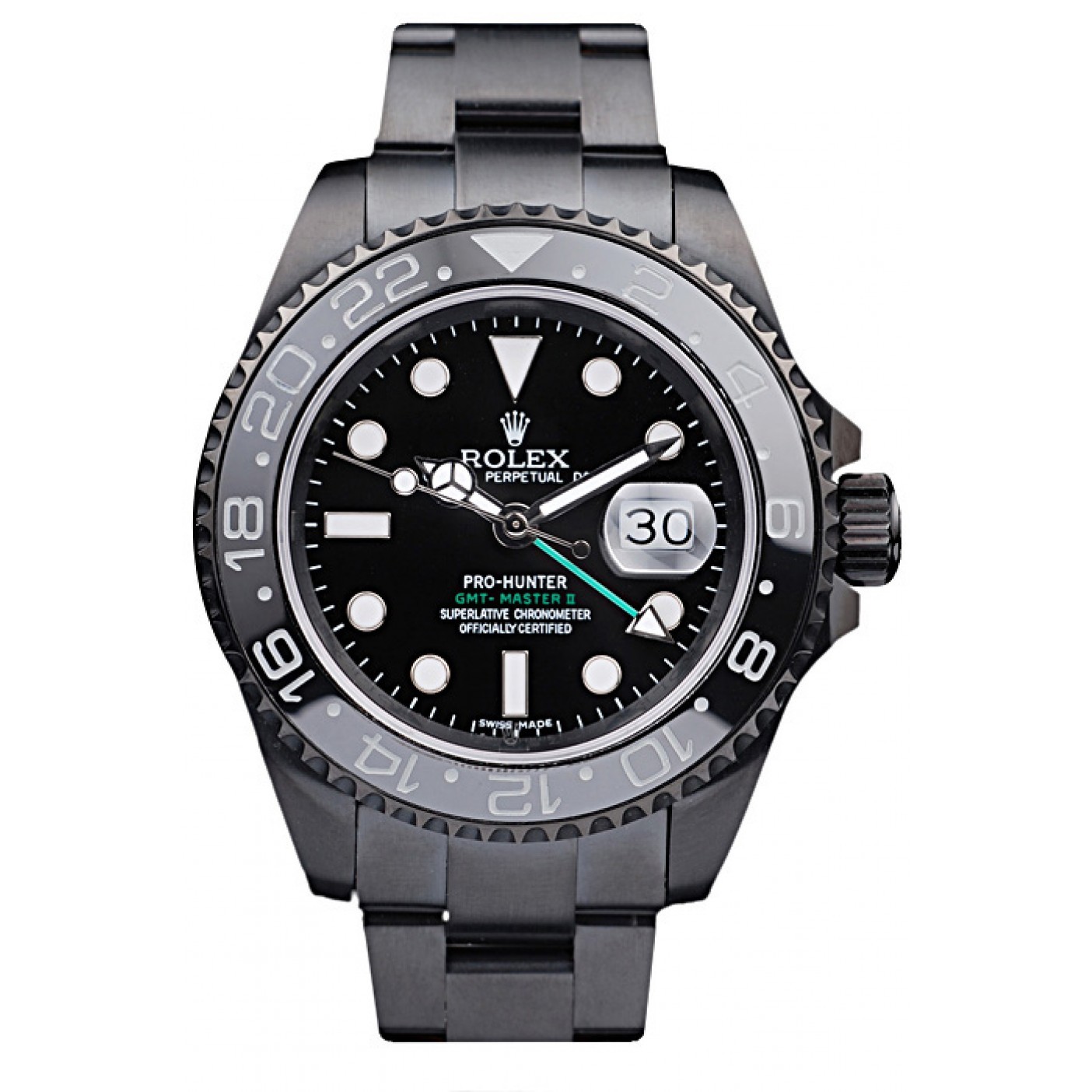 RepTime Watches Rolex Swiss GMT Master II Pro-Hunter Black Steel Strap Black Dial