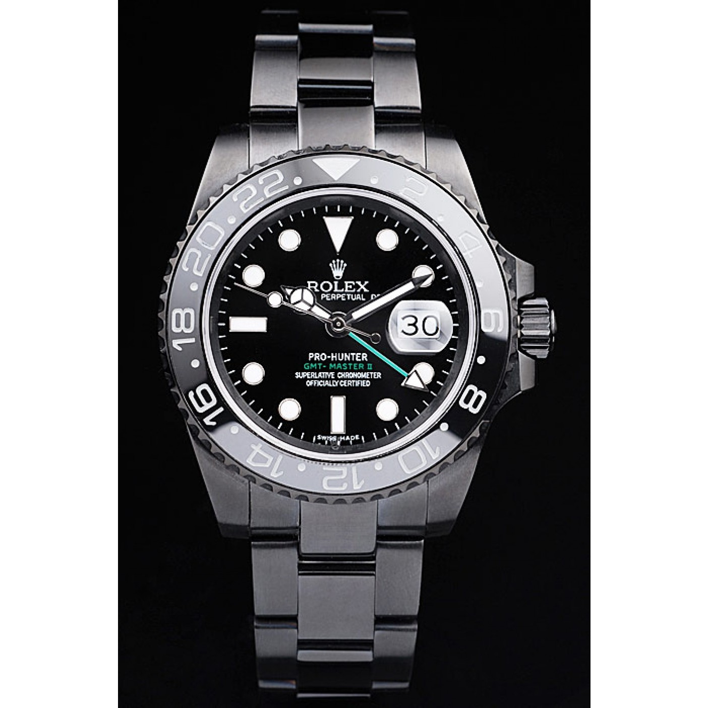 Rolex Swiss GMT Master II Pro-Hunter Black Steel Strap Black Dial