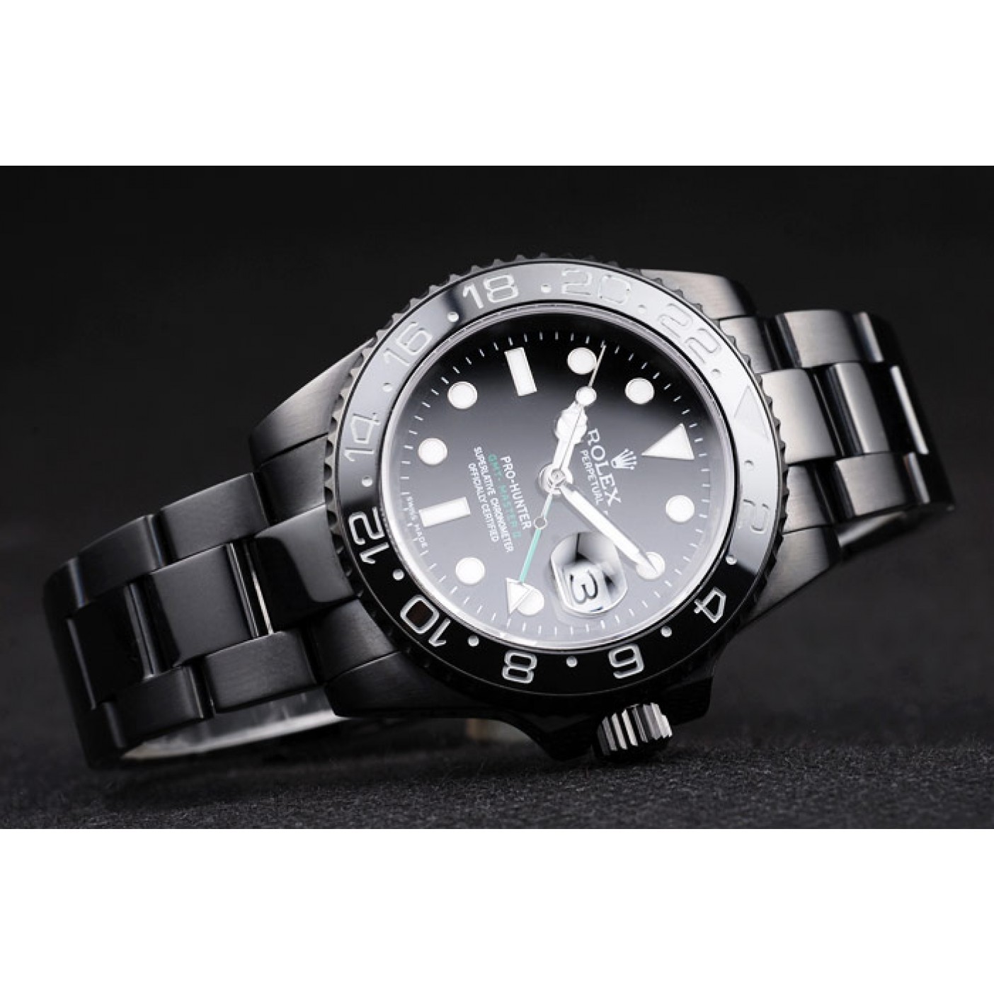 RepTime Watches Rolex Swiss GMT Master II Pro-Hunter Black Steel Strap Black Dial