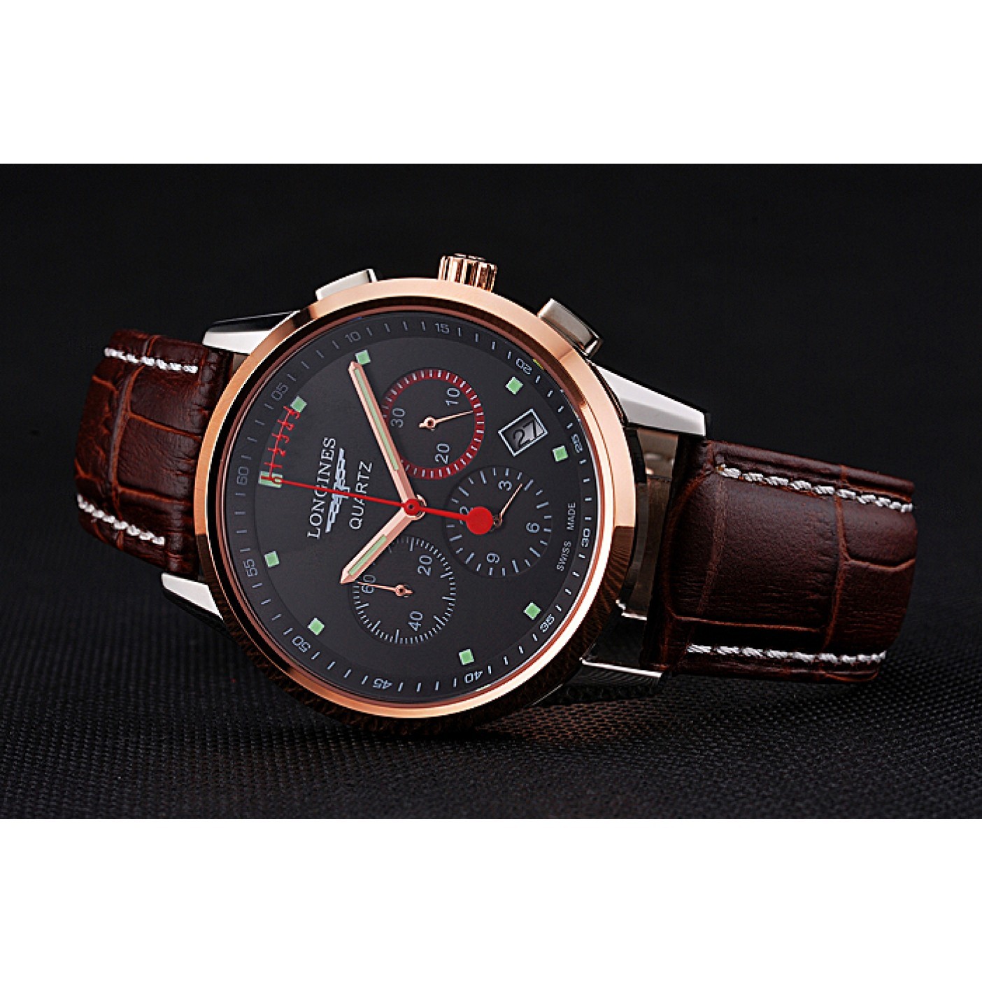 Longines Column Wheel Black Dial Two Tone Case Brown Leather Strap