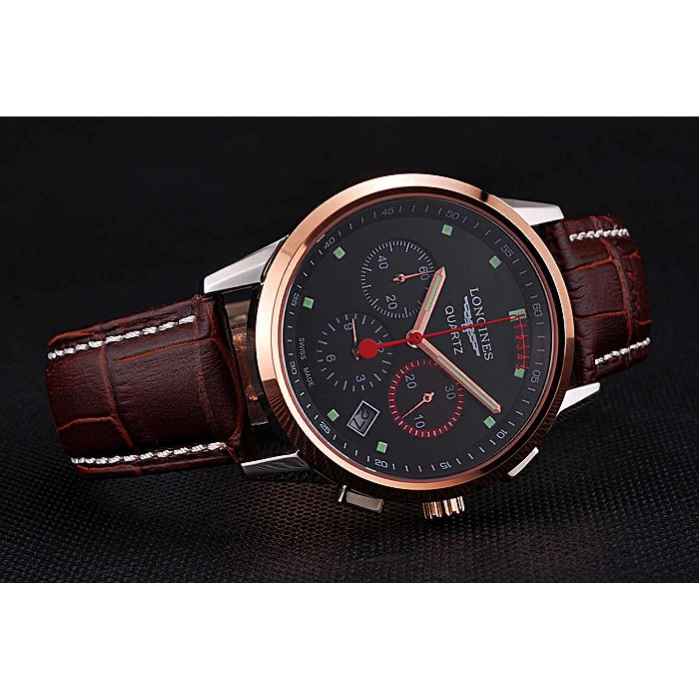 Longines Column Wheel Black Dial Two Tone Case Brown Leather Strap