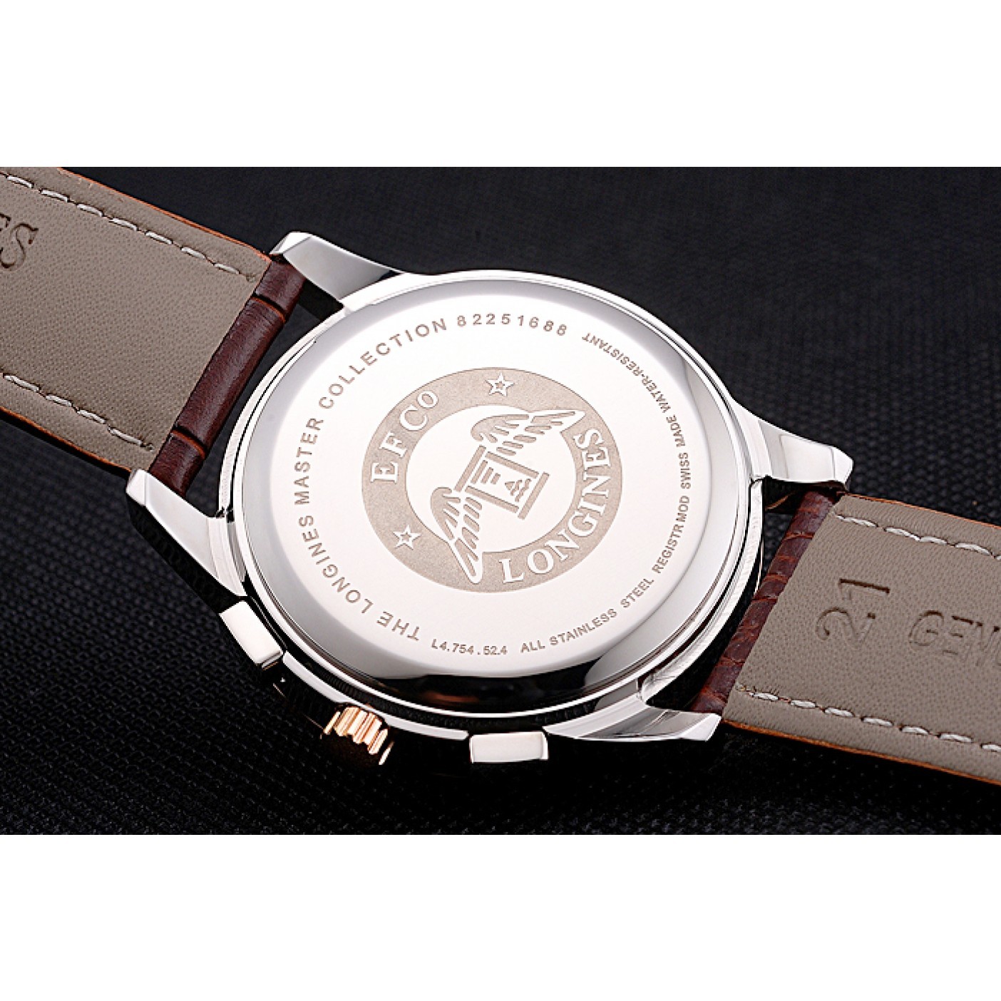 Longines Column Wheel Black Dial Two Tone Case Brown Leather Strap