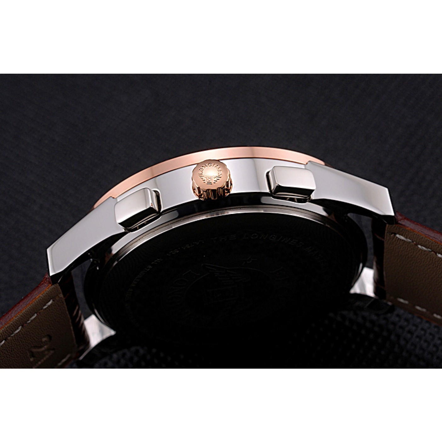 Longines Column Wheel Black Dial Two Tone Case Brown Leather Strap