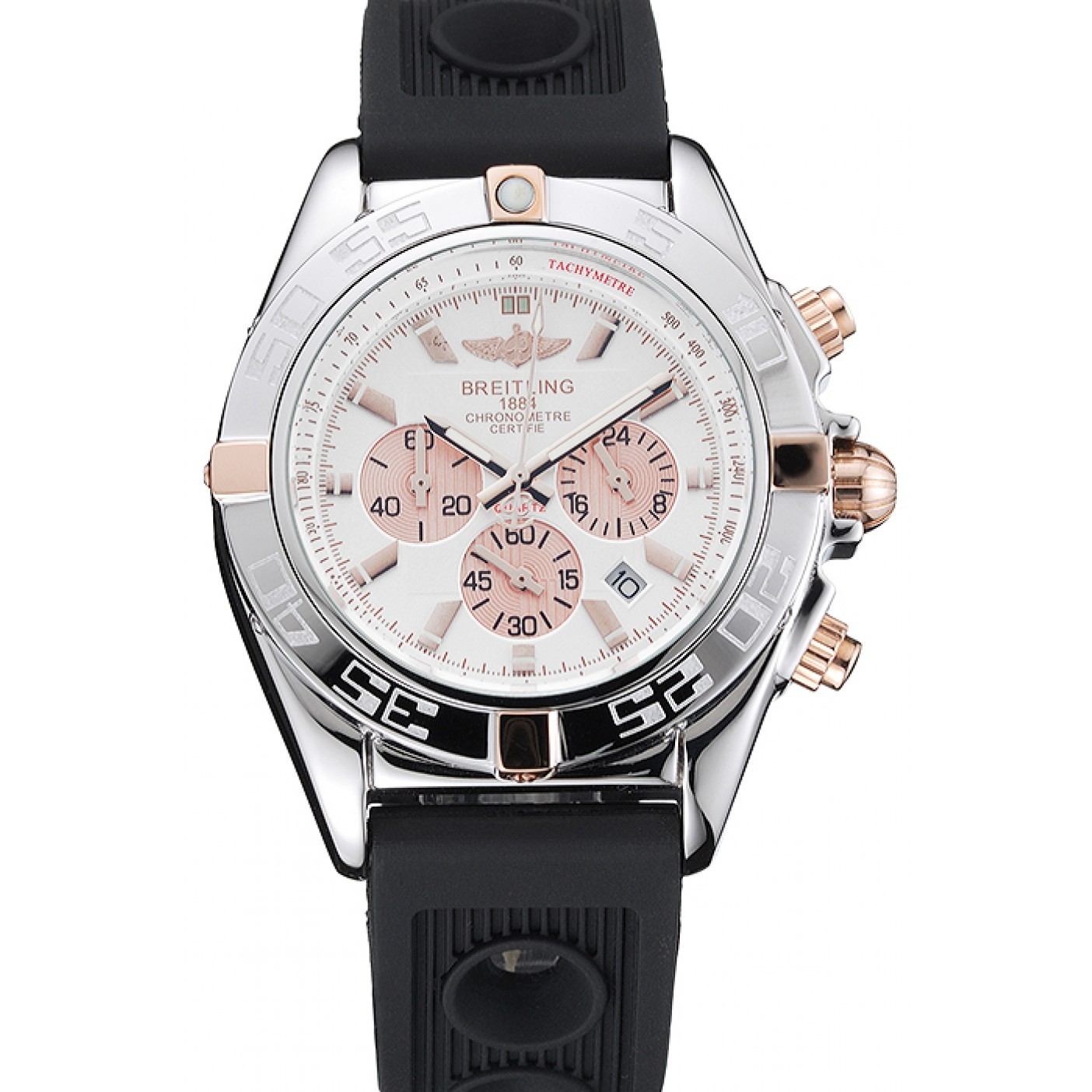 Breitling Chronomat Rose-Gold Highlight Ribbed Black Rubber Strap White Dial