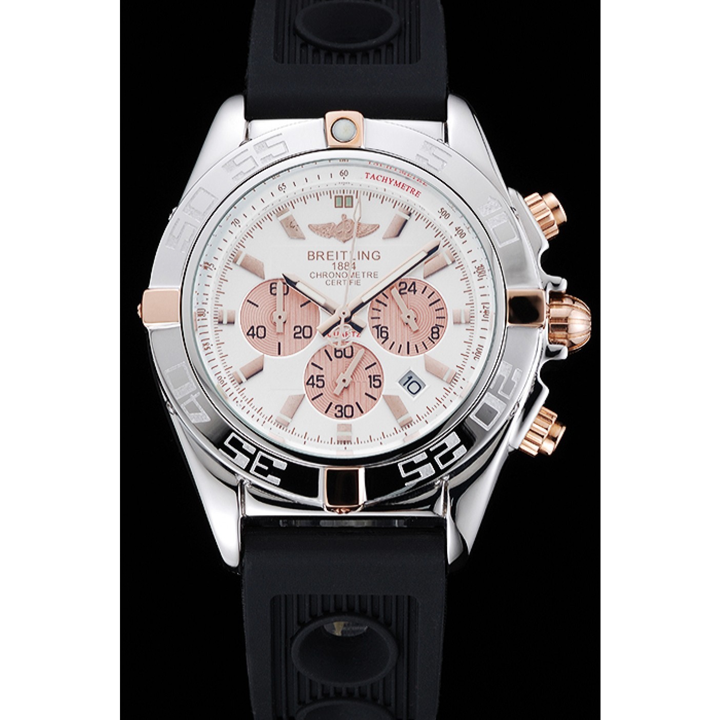 Breitling Chronomat Rose-Gold Highlight Ribbed Black Rubber Strap White Dial