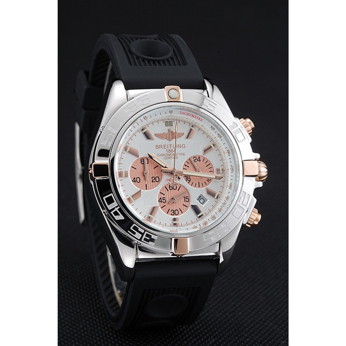 Breitling Chronomat Rose-Gold Highlight Ribbed Black Rubber Strap White Dial