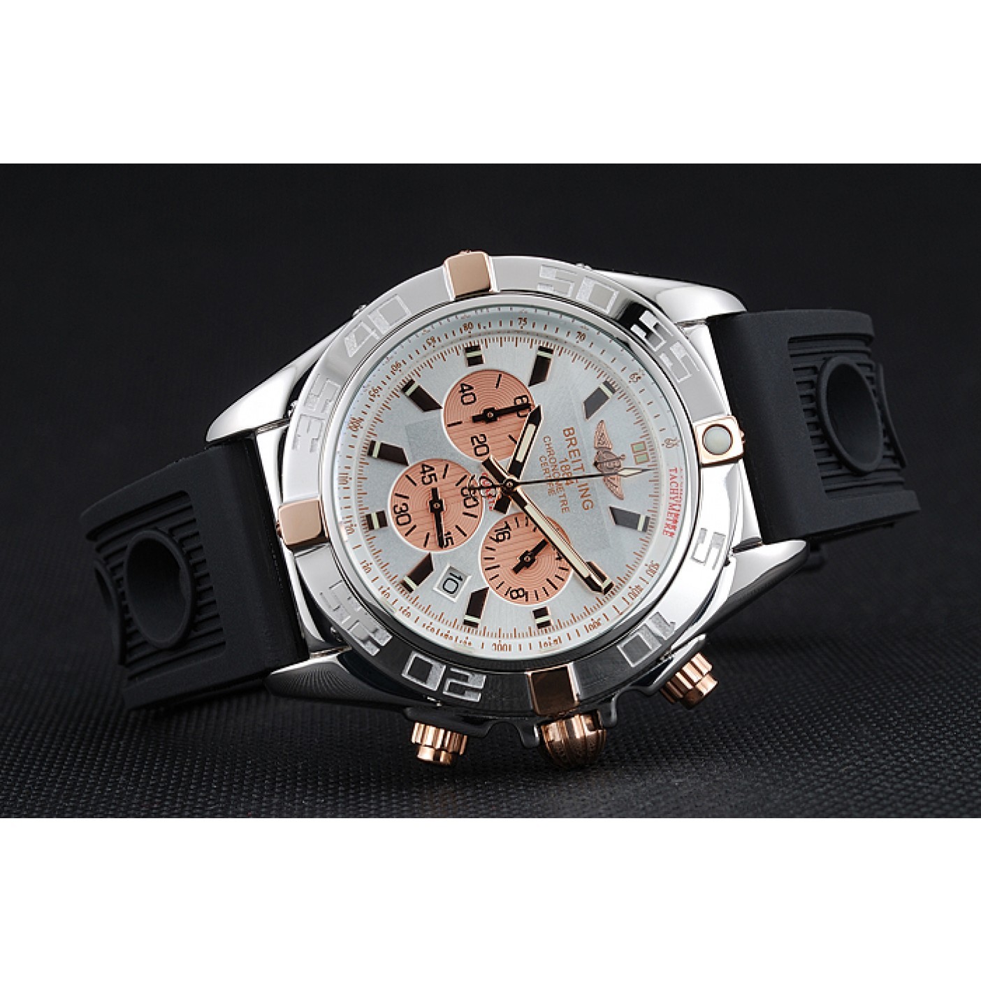 Breitling Chronomat Rose-Gold Highlight Ribbed Black Rubber Strap White Dial