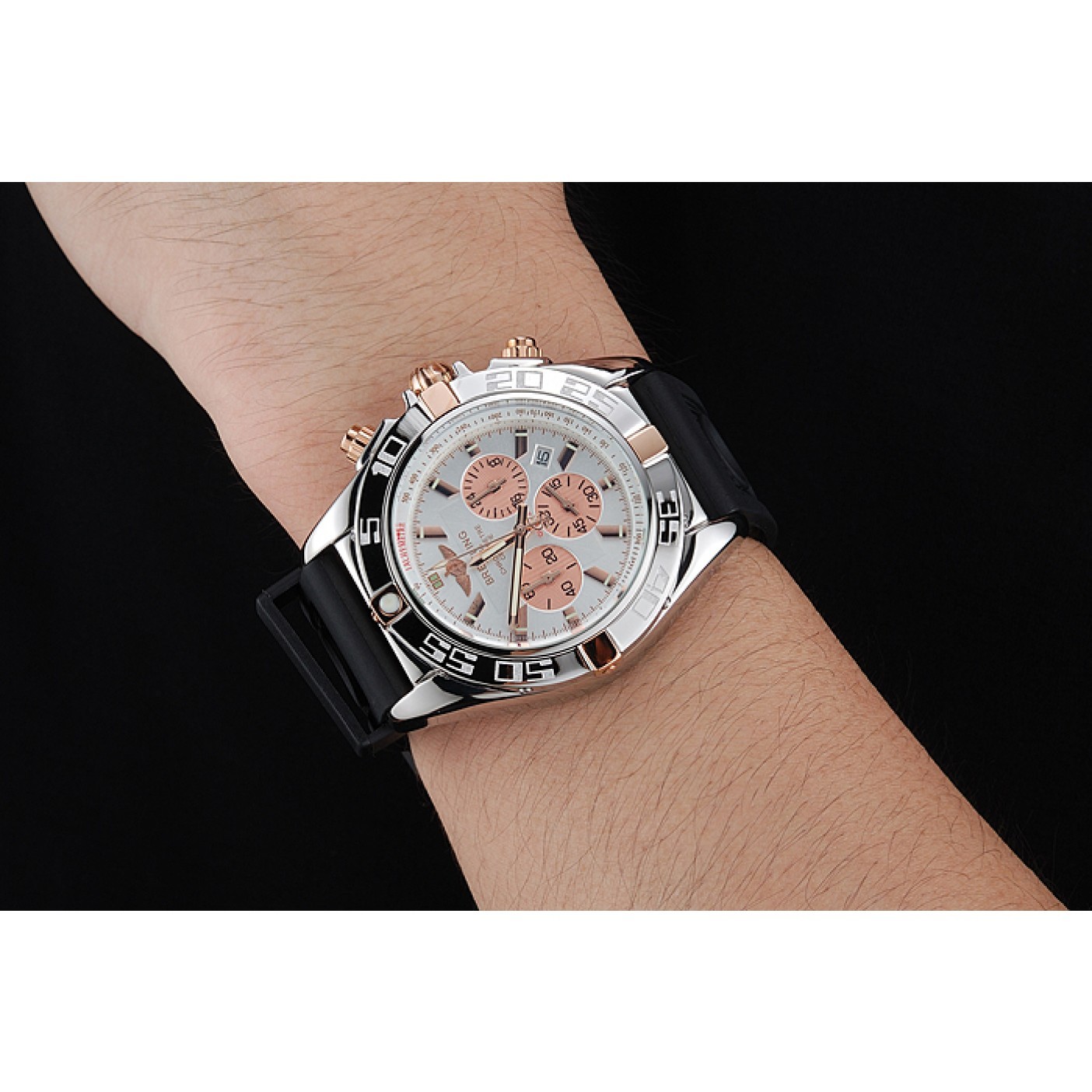 Breitling Chronomat Rose-Gold Highlight Ribbed Black Rubber Strap White Dial