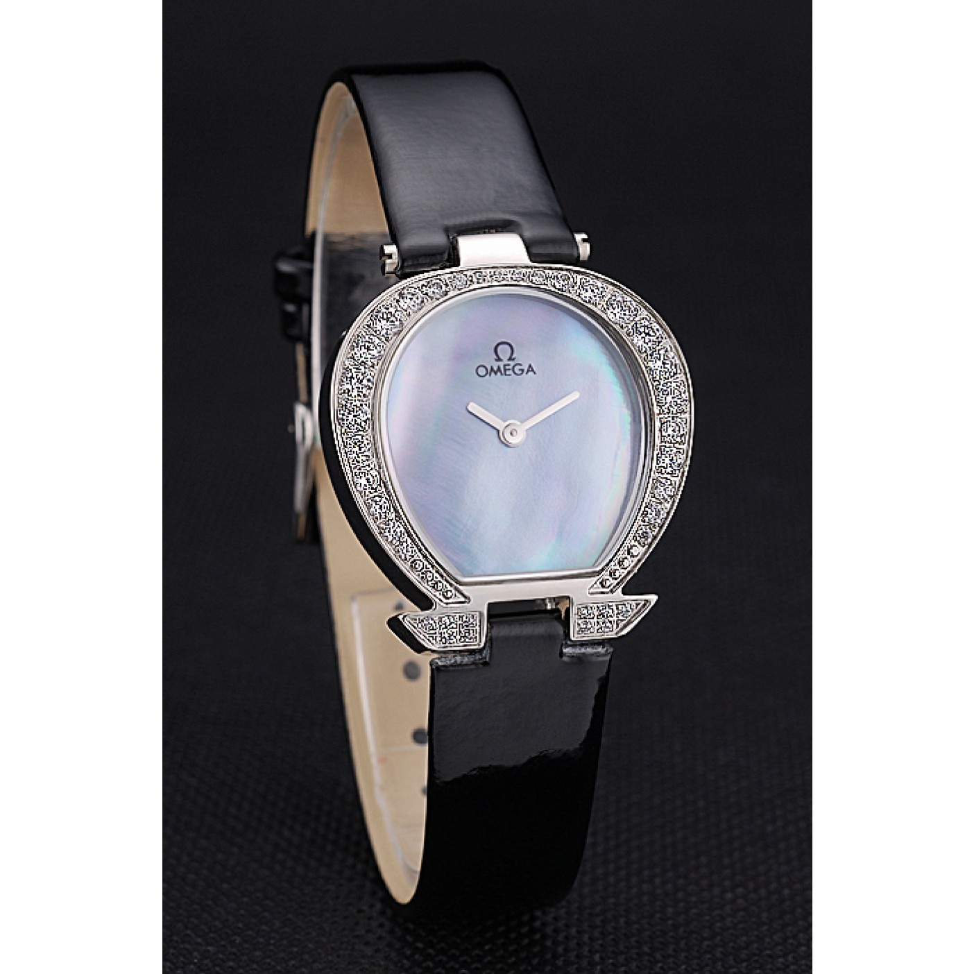 Omega Ladies Watch Pearl Dial Stainless Steel Case With Diamonds Black Leather Strap 622828