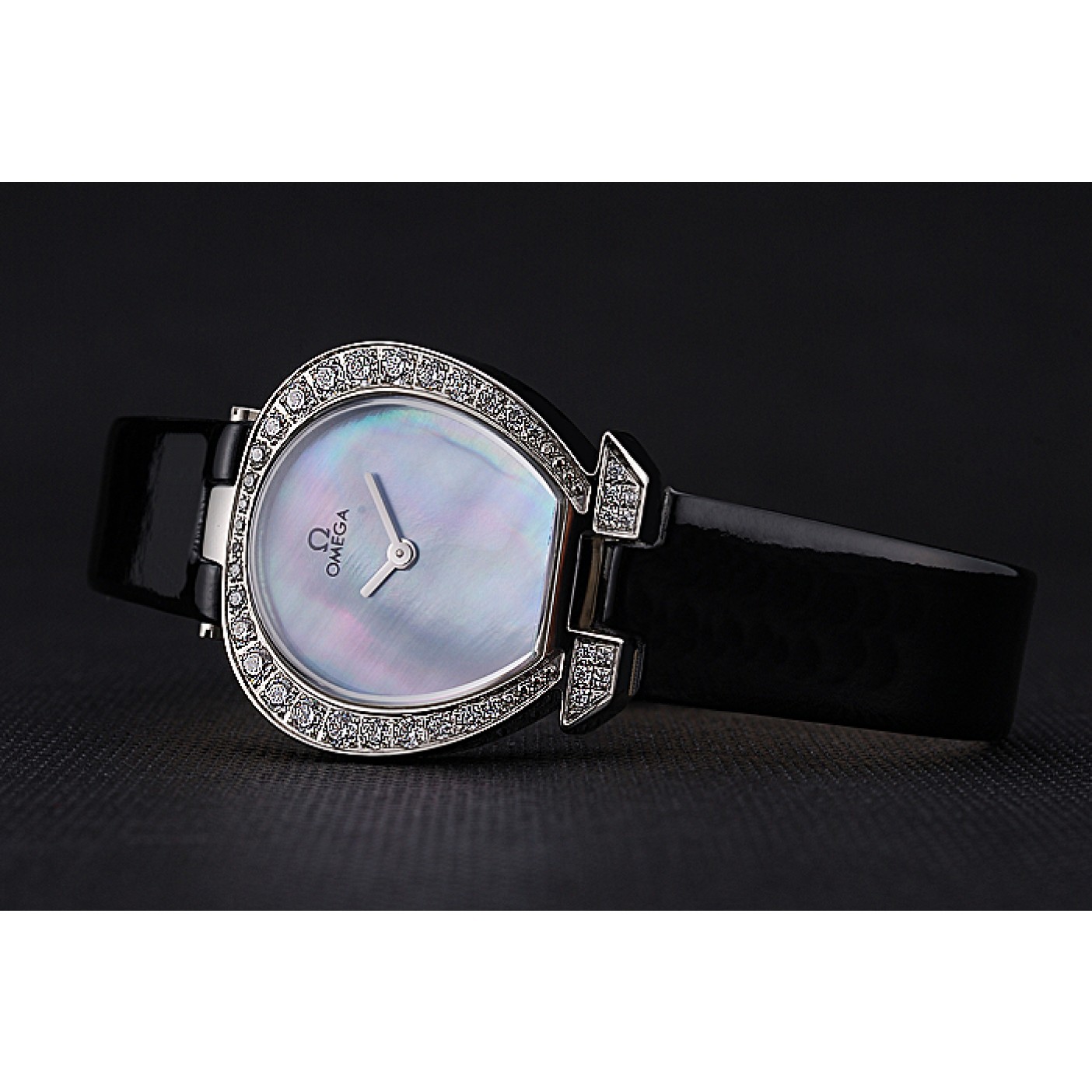 Omega Ladies Watch Pearl Dial Stainless Steel Case With Diamonds Black Leather Strap 622828