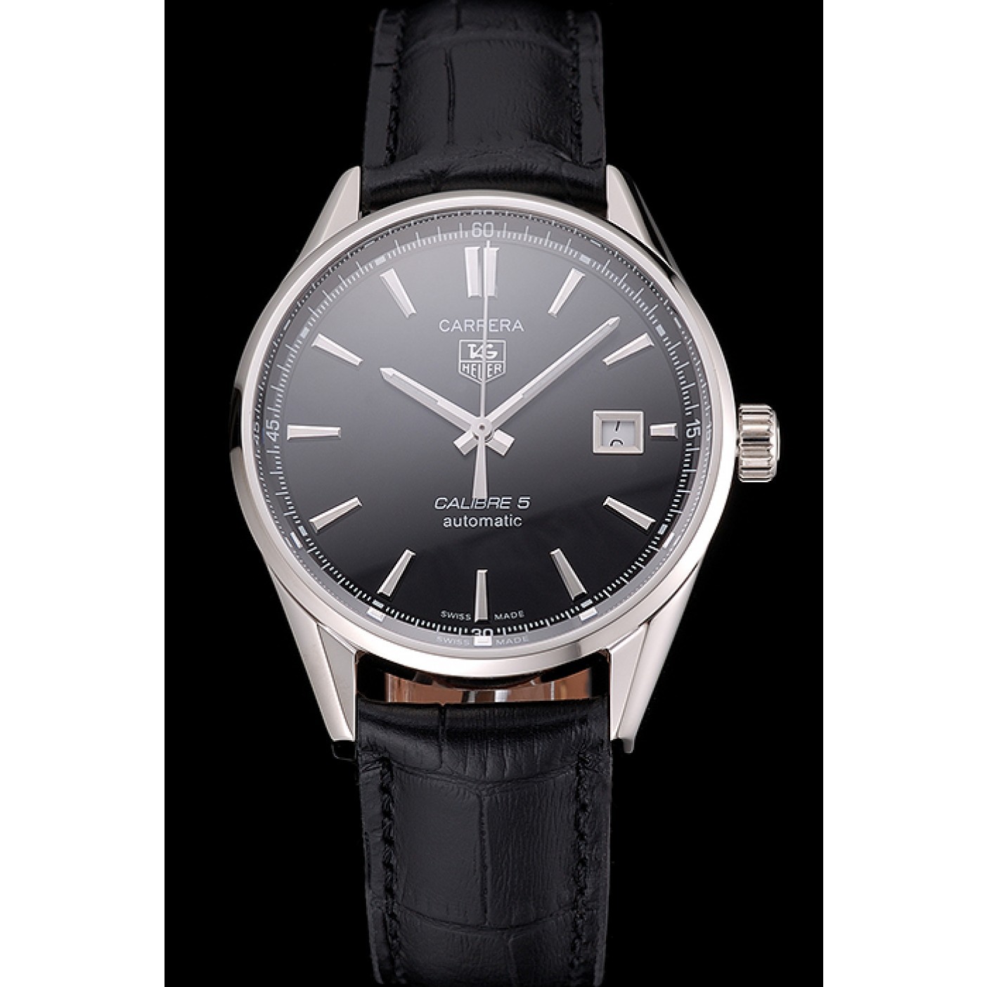 Swiss Tag Heuer Carrera Calibre 5 Black Dial Stainless Steel Case Black Leather Strap