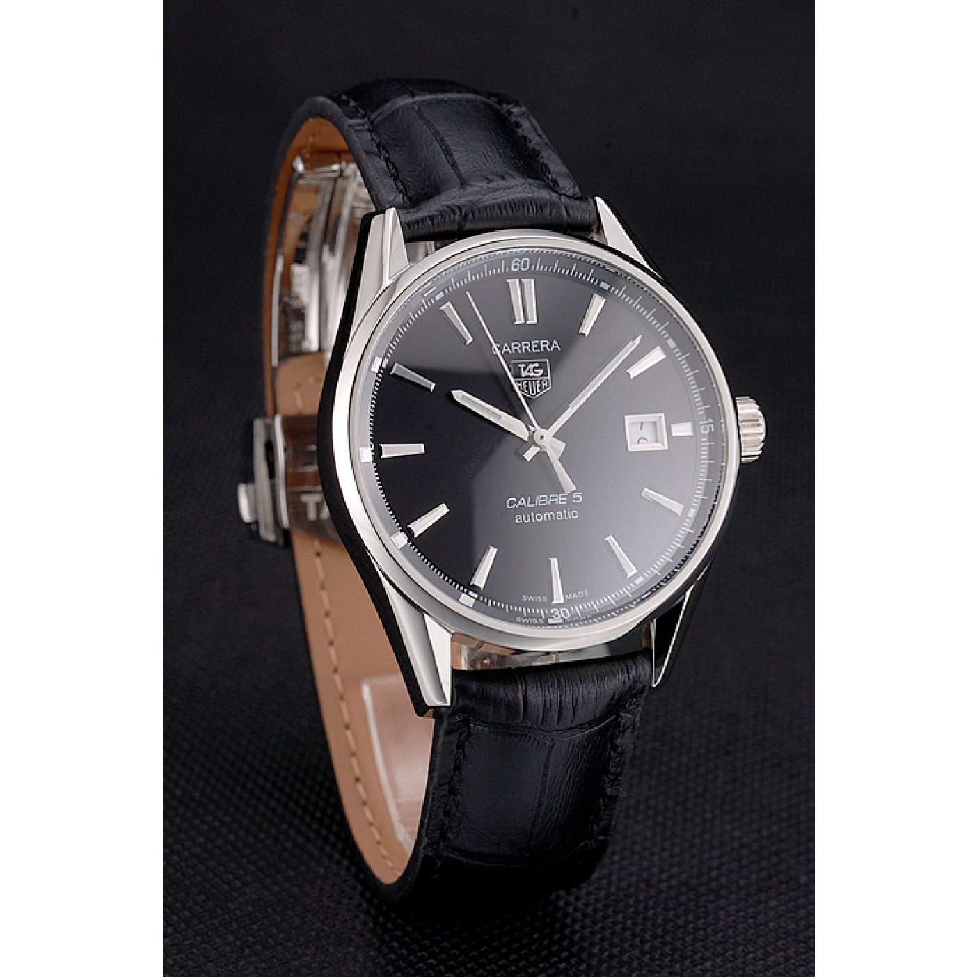 Swiss Tag Heuer Carrera Calibre 5 Black Dial Stainless Steel Case Black Leather Strap