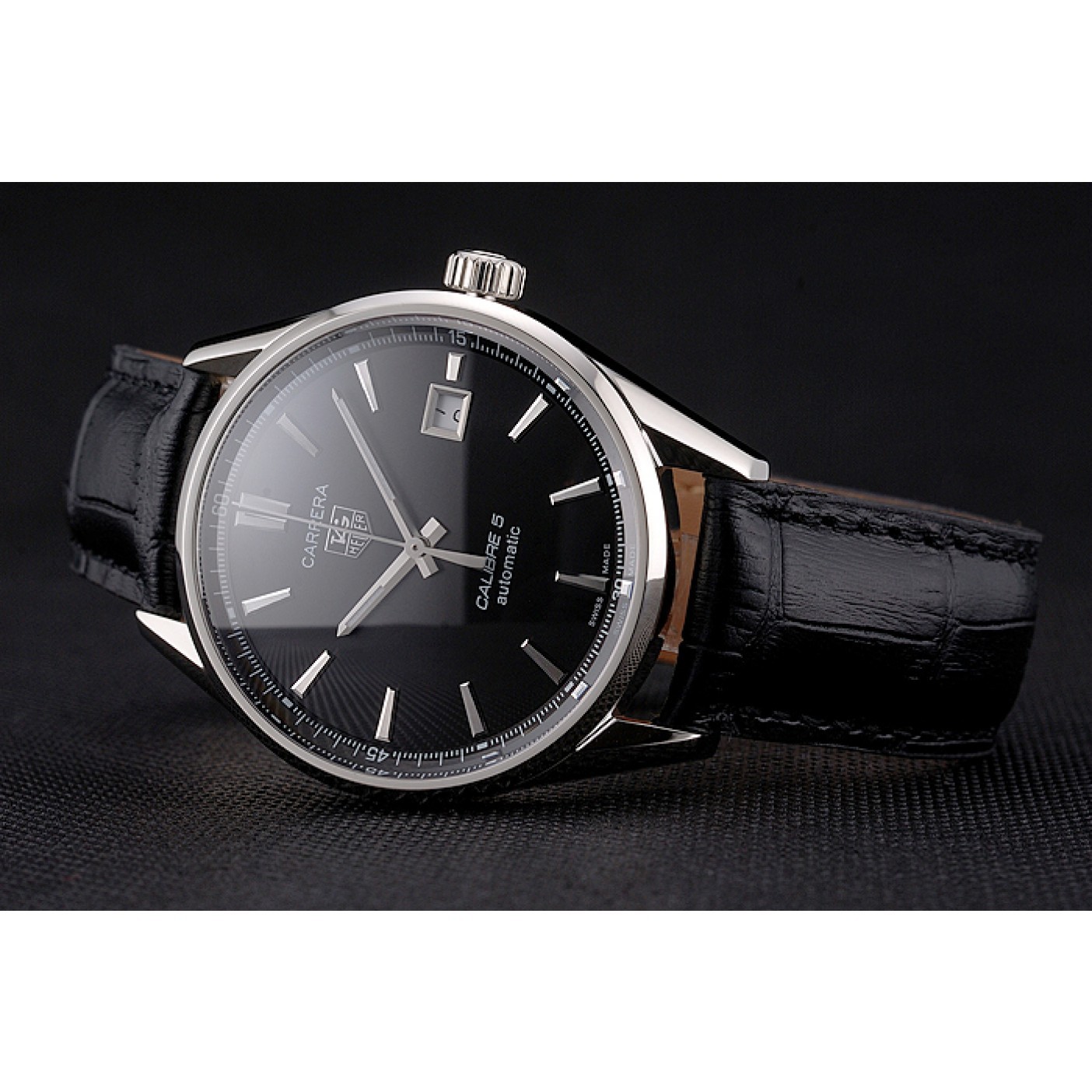 Swiss Tag Heuer Carrera Calibre 5 Black Dial Stainless Steel Case Black Leather Strap