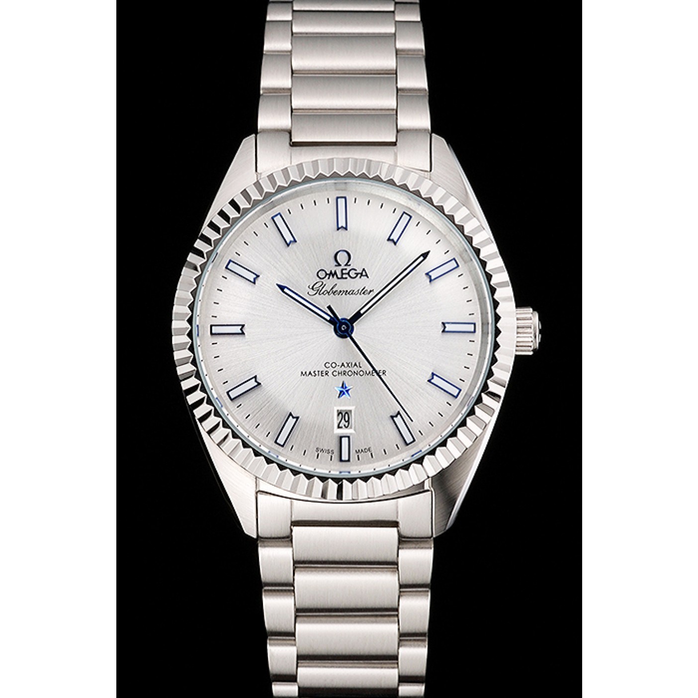 Omega Globemaster Silver Dial Blue Hands Stainless Steel Case And Bracelet