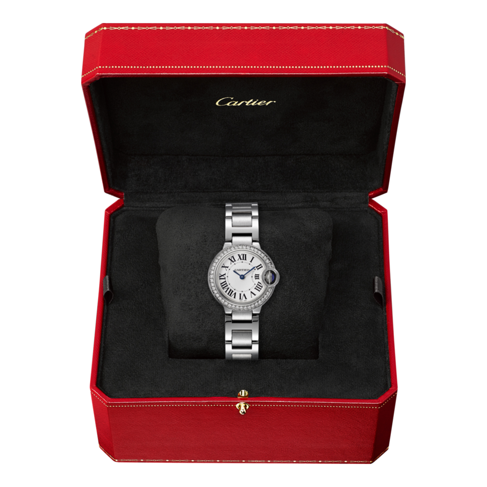 Swiss Ballon Bleu de Cartier watch, 28 mm, steel, diamonds