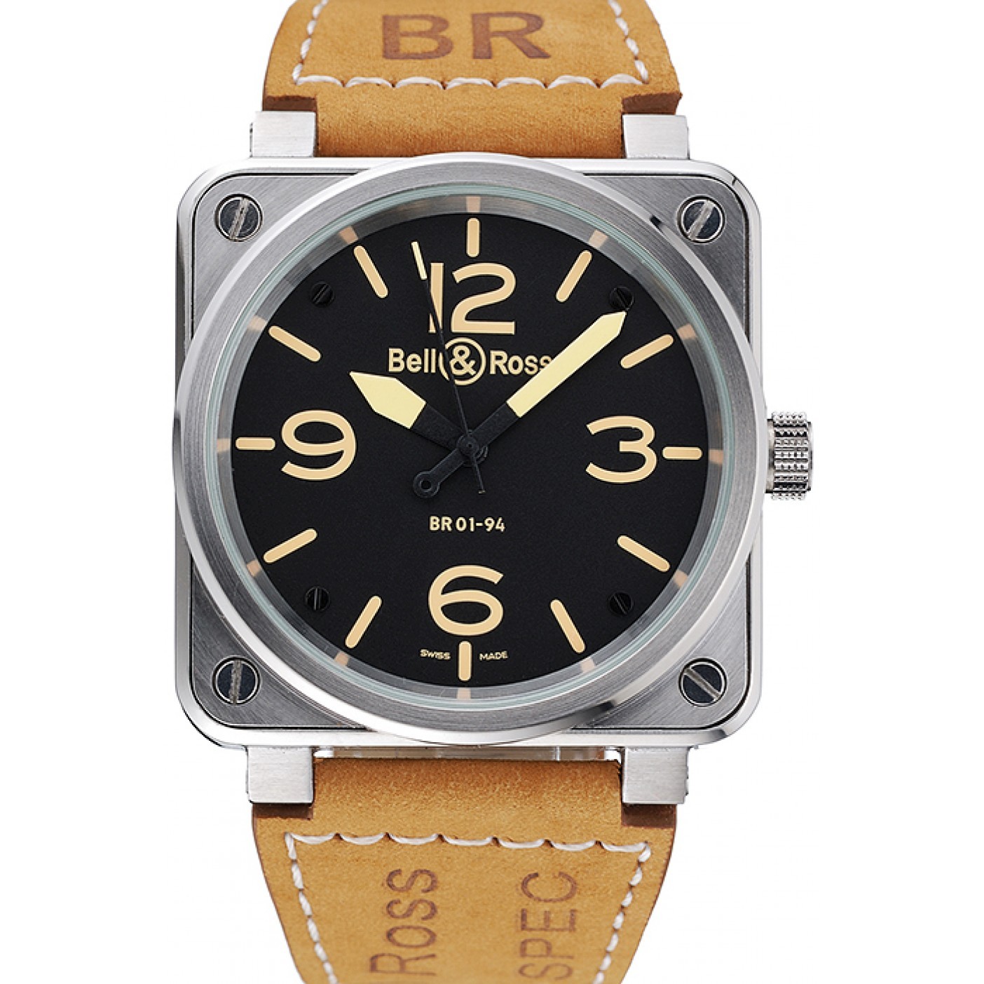 Bell and Ross BR 01-92 Black Dial Silver Case Gold Numerals Brown Leather Strap