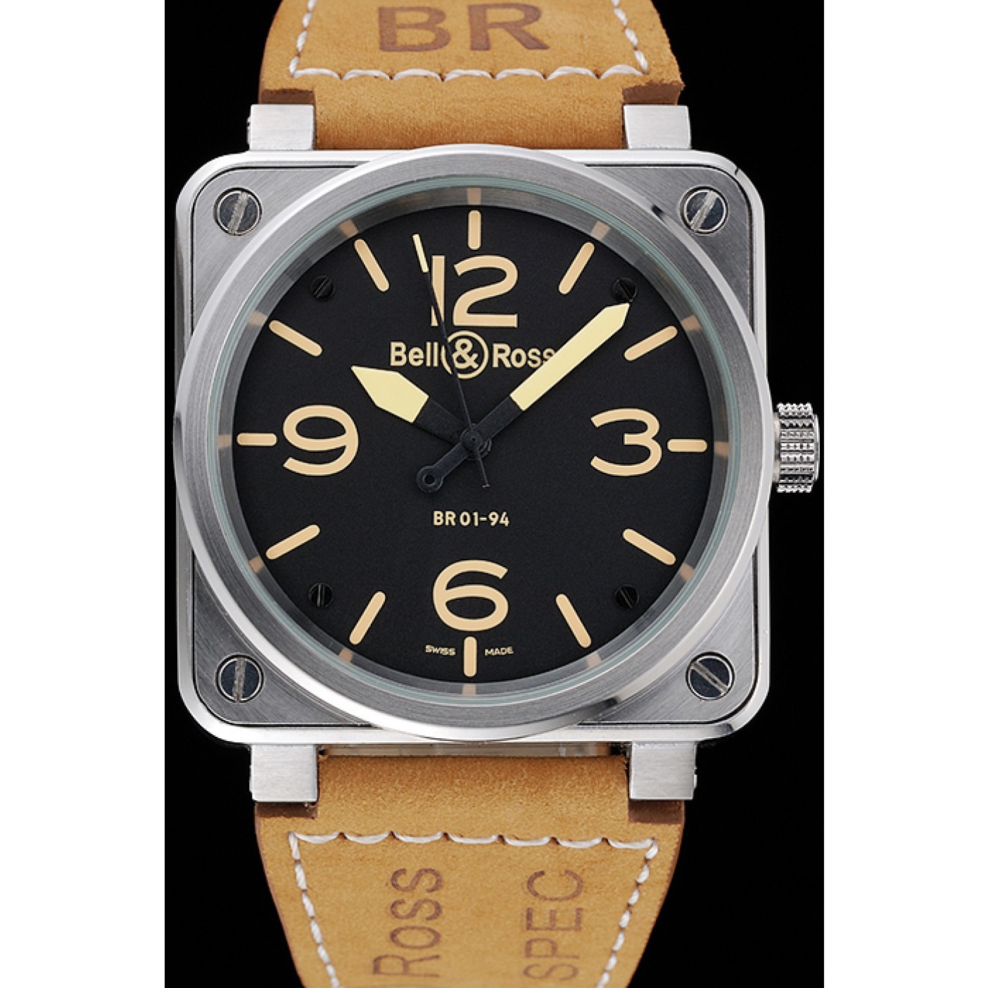 Bell and Ross BR 01-92 Black Dial Silver Case Gold Numerals Brown Leather Strap