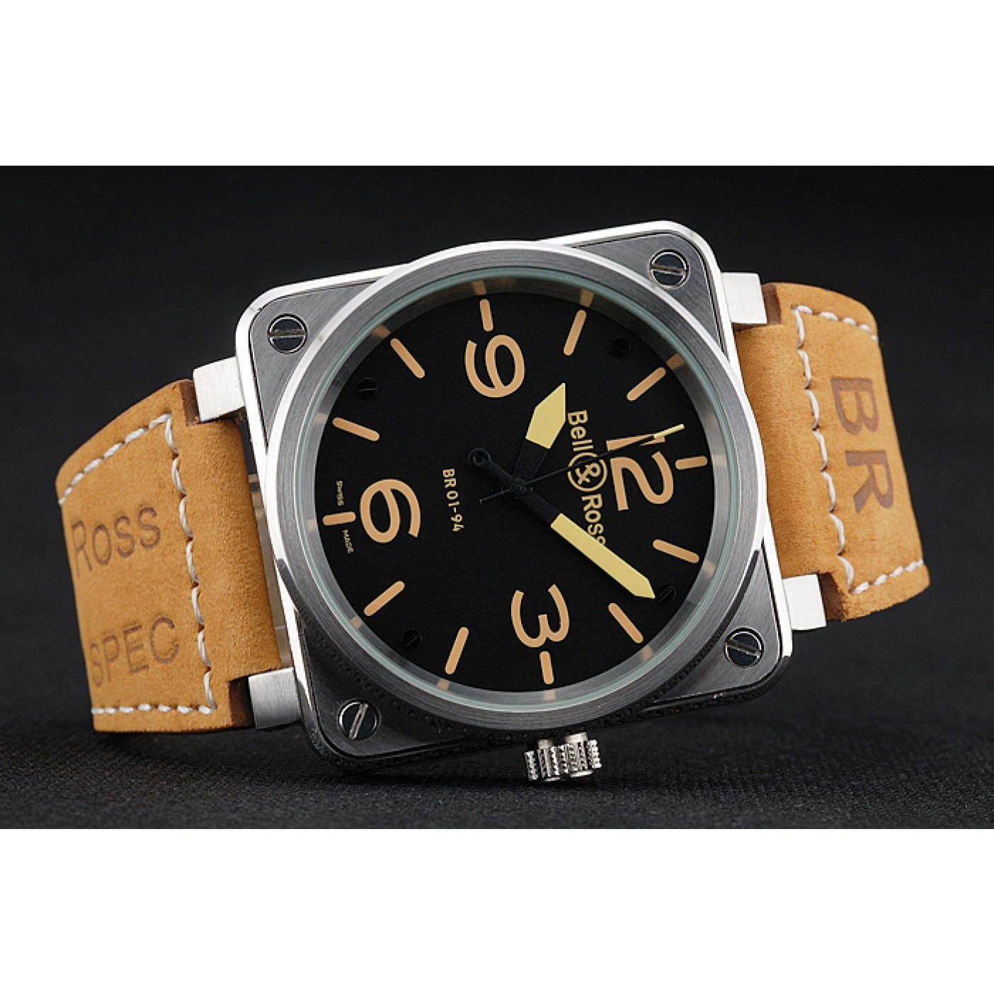 Bell and Ross BR 01-92 Black Dial Silver Case Gold Numerals Brown Leather Strap