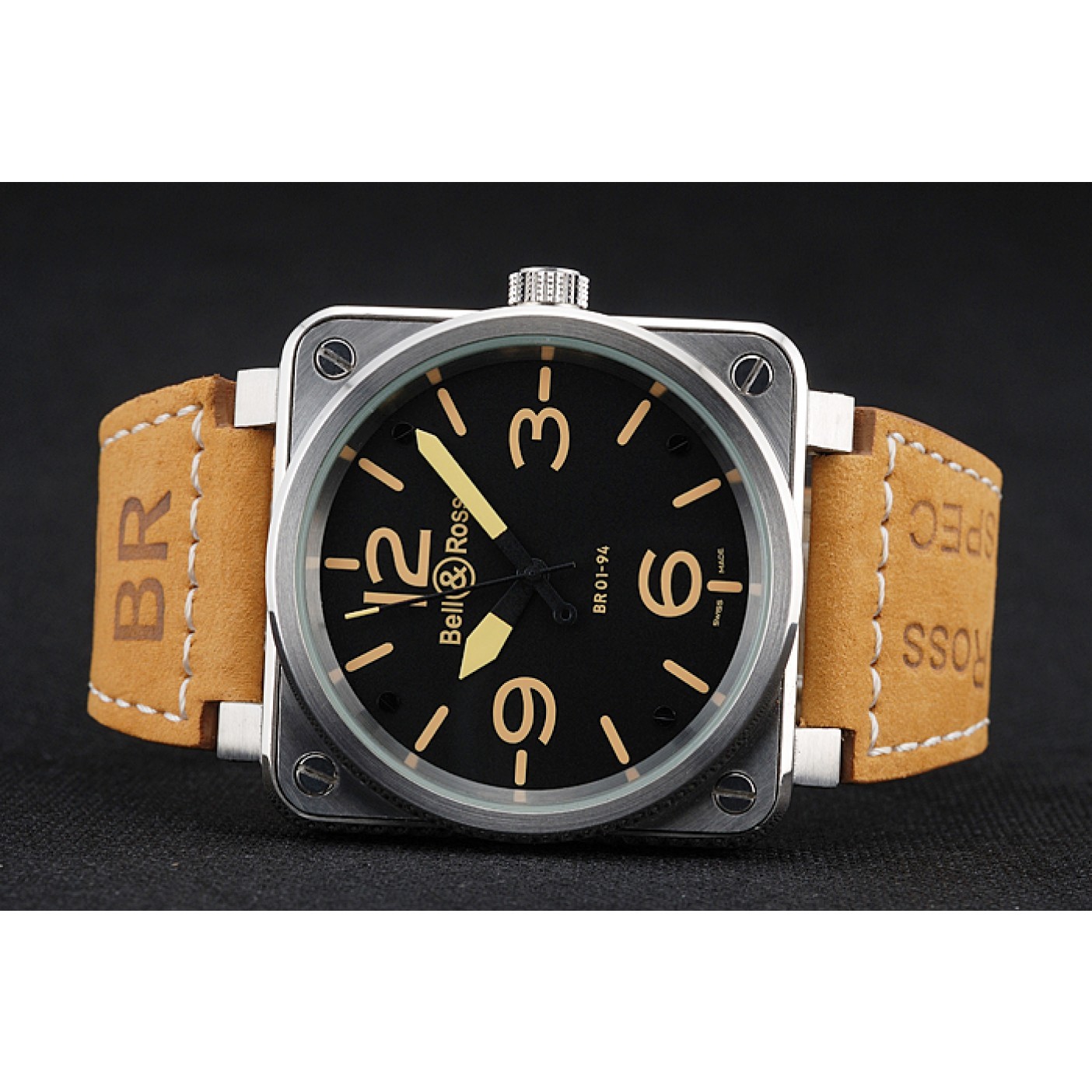 Bell and Ross BR 01-92 Black Dial Silver Case Gold Numerals Brown Leather Strap