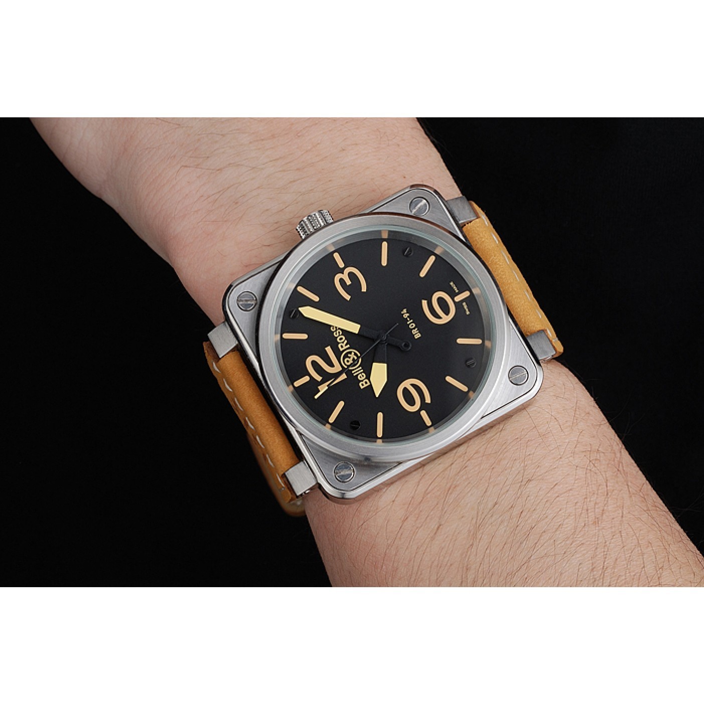 Bell and Ross BR 01-92 Black Dial Silver Case Gold Numerals Brown Leather Strap